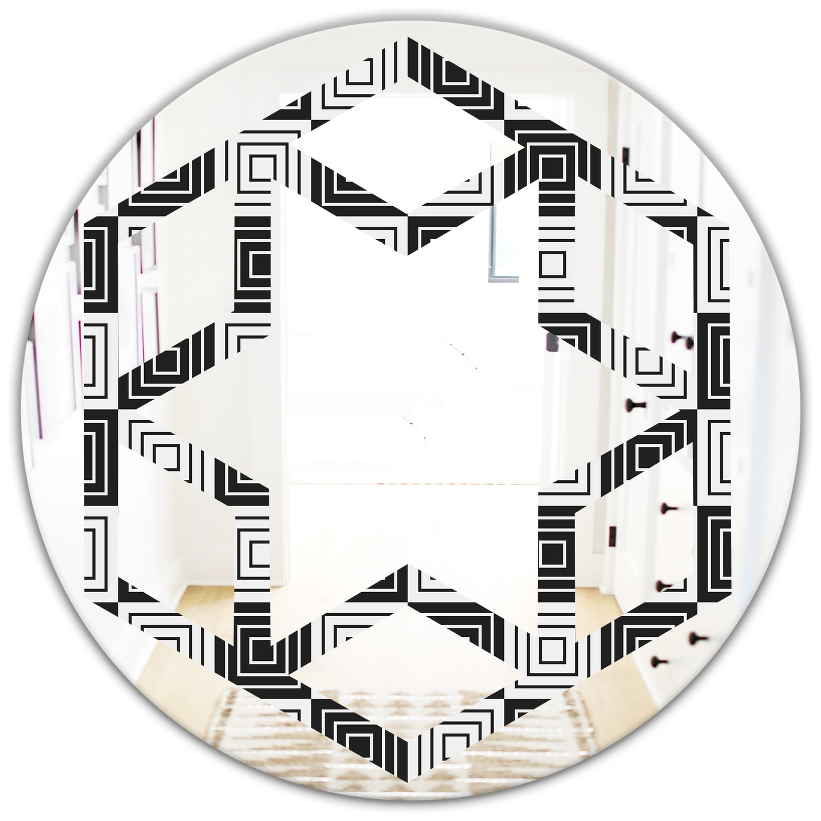 Monochrome Geometric Pattern XI - Modern Round or Oval Wall Mirror - Hexagon Star