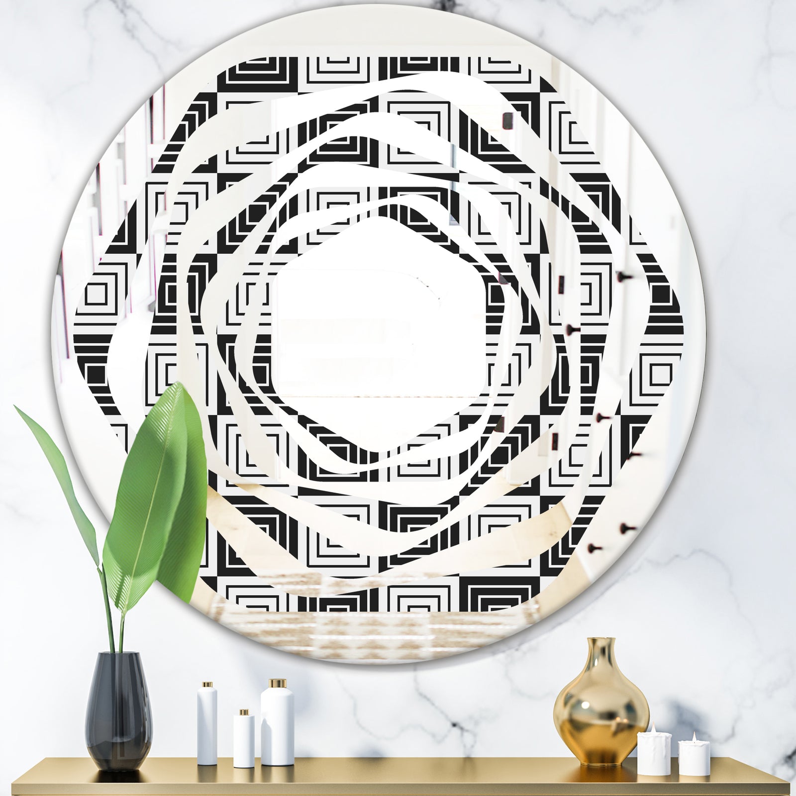 Monochrome Geometric Pattern XI - Modern Round or Oval Wall Mirror - Whirl