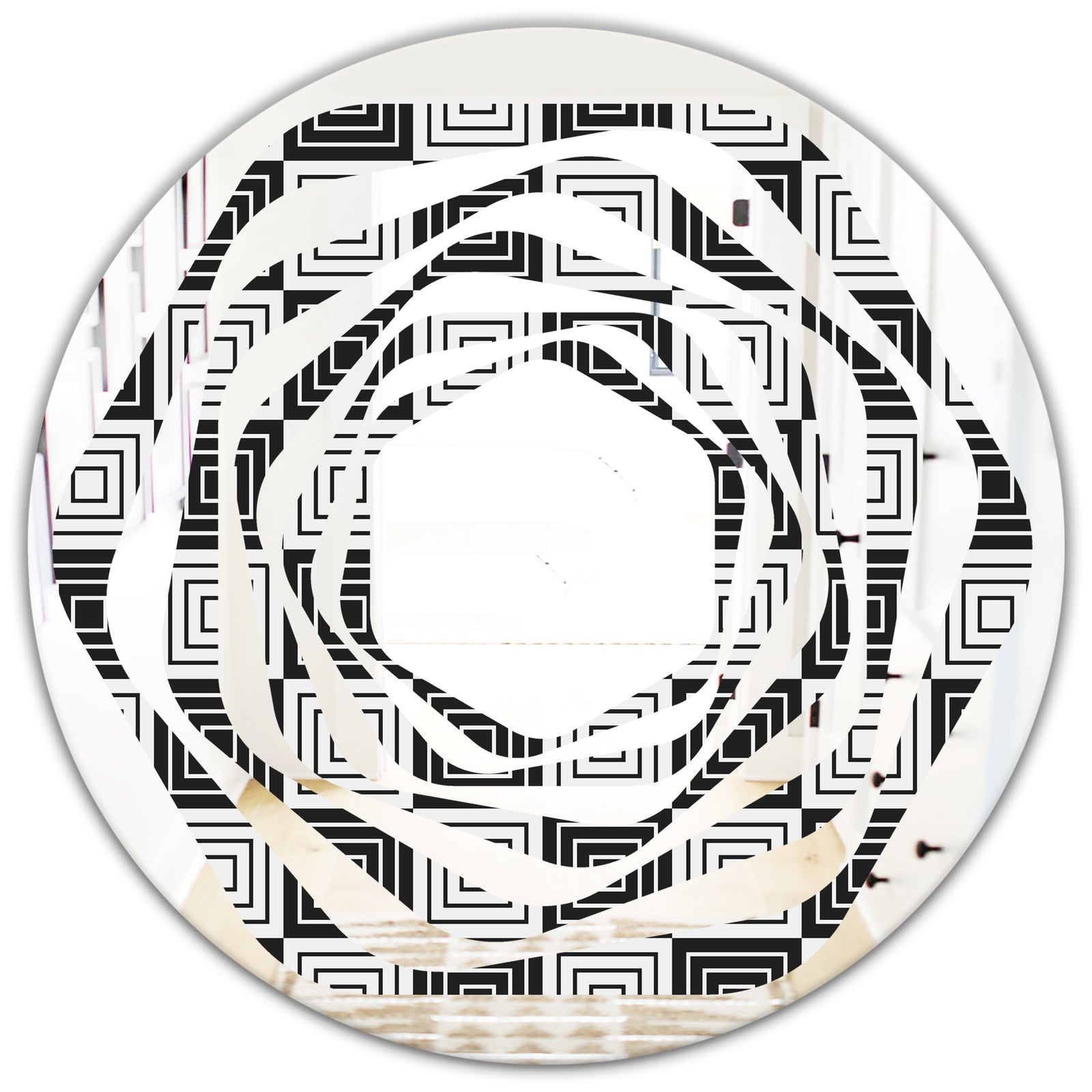 Monochrome Geometric Pattern XI - Modern Round or Oval Wall Mirror - Whirl