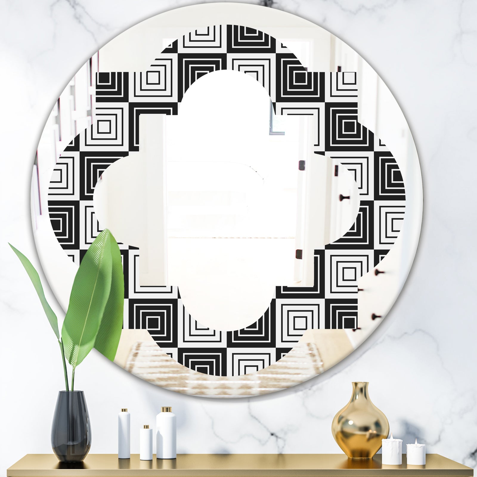 Monochrome Geometric Pattern XI - Modern Round or Oval Wall Mirror - Quatrefoil