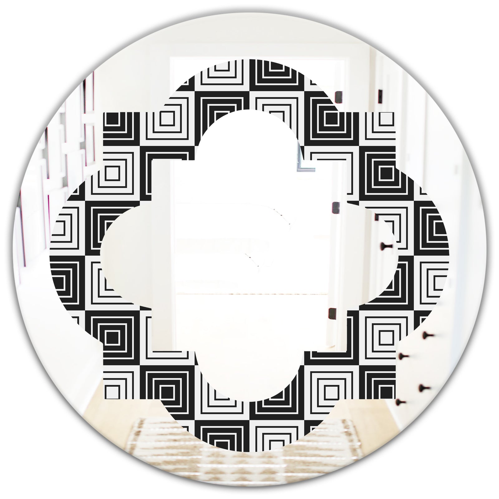 Monochrome Geometric Pattern XI - Modern Round or Oval Wall Mirror - Quatrefoil