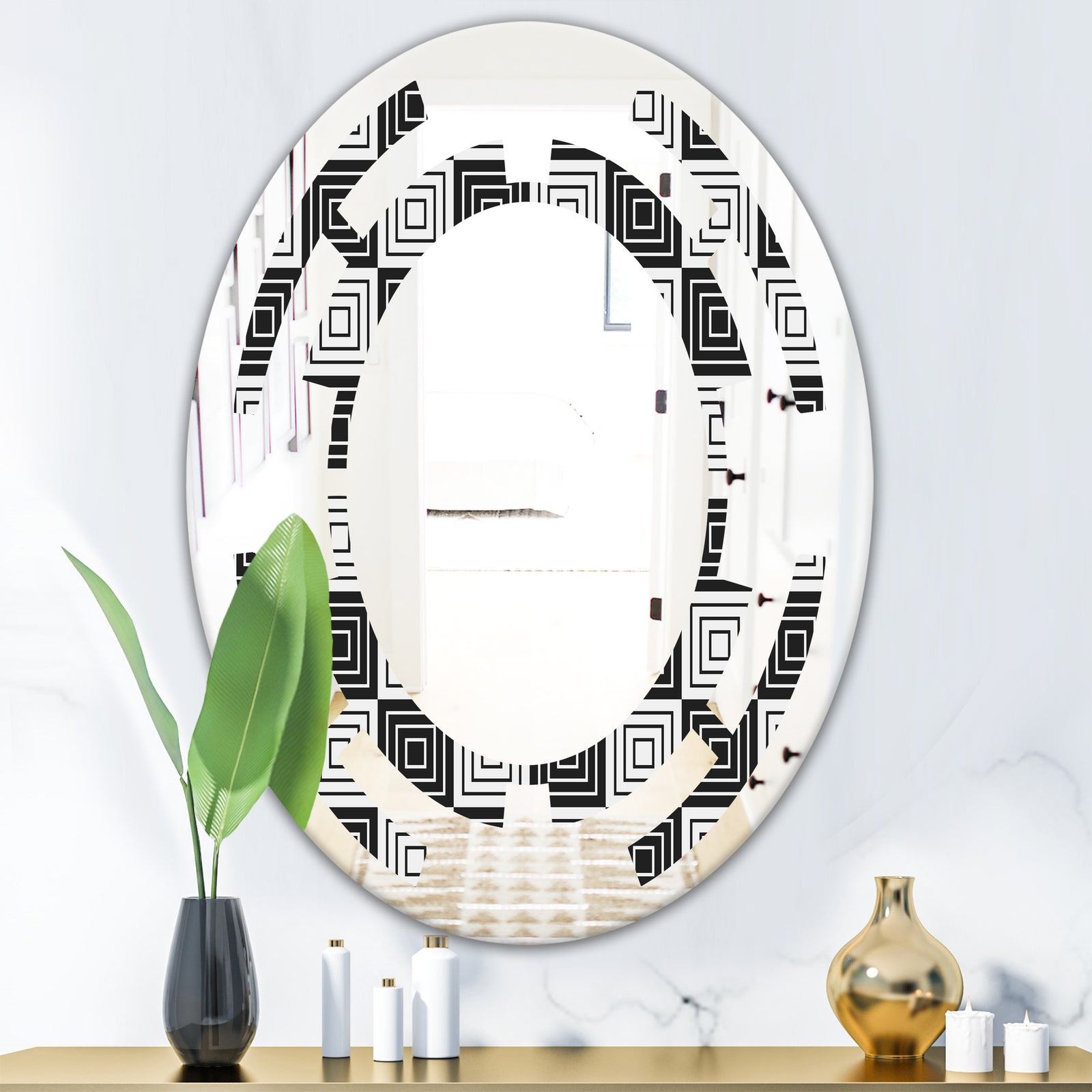 Monochrome Geometric Pattern XI - Modern Round or Oval Wall Mirror - Space