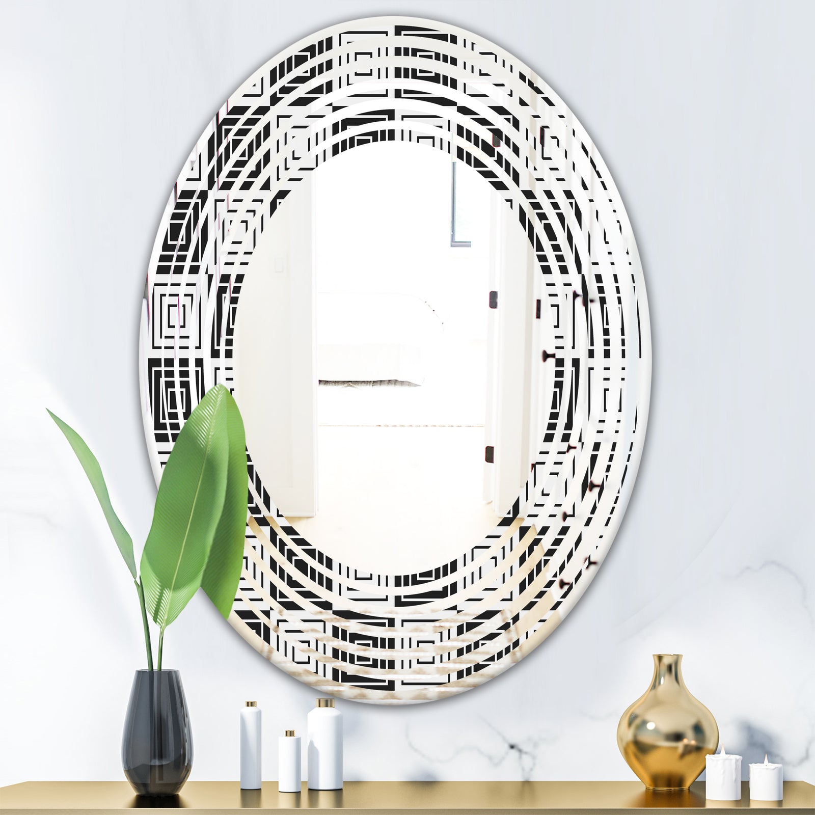 Monochrome Geometric Pattern XI - Modern Round or Oval Wall Mirror - Wave
