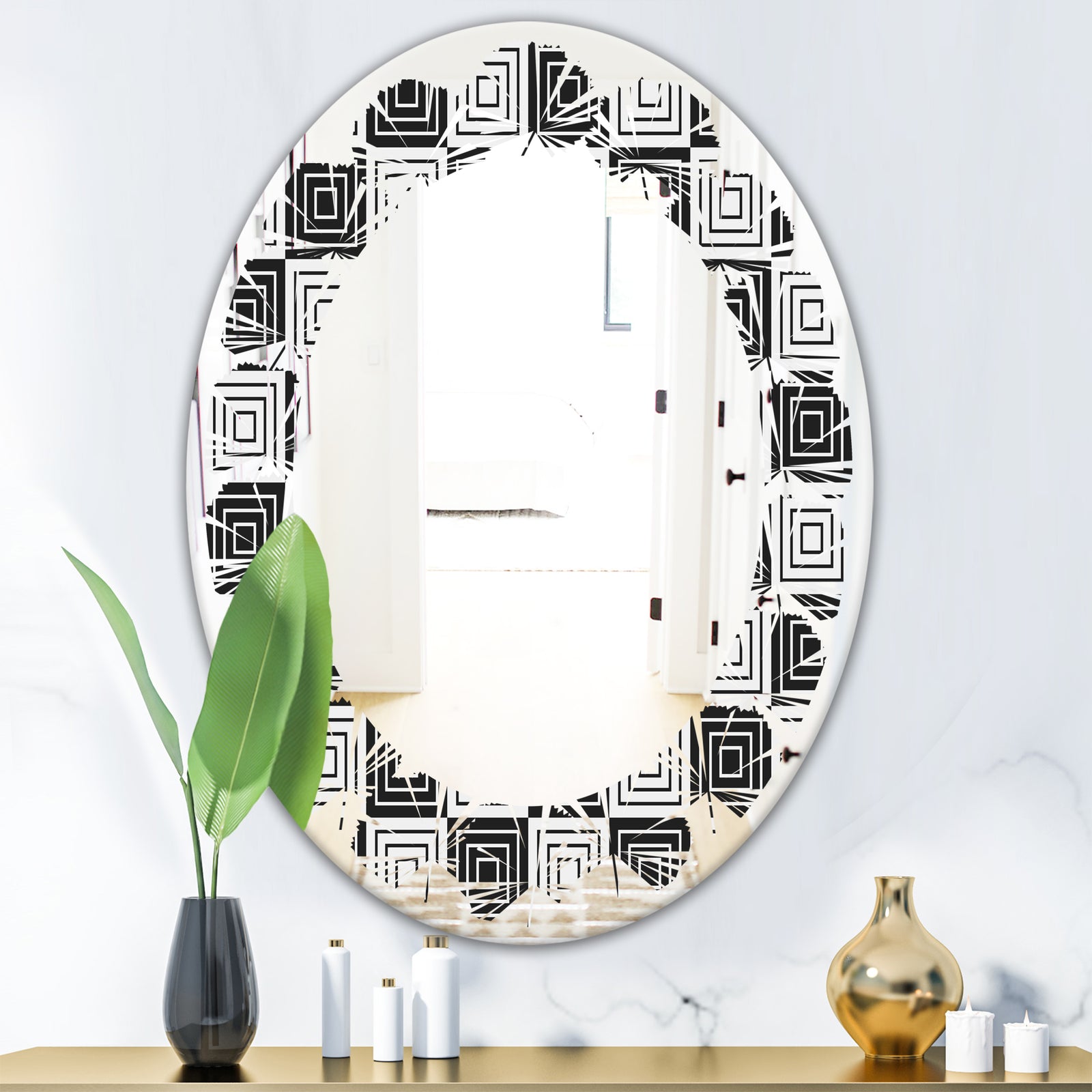 Monochrome Geometric Pattern XI - Modern Round or Oval Wall Mirror - Leaves