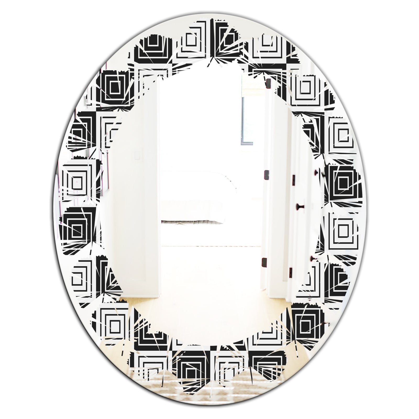 Monochrome Geometric Pattern XI - Modern Round or Oval Wall Mirror - Leaves