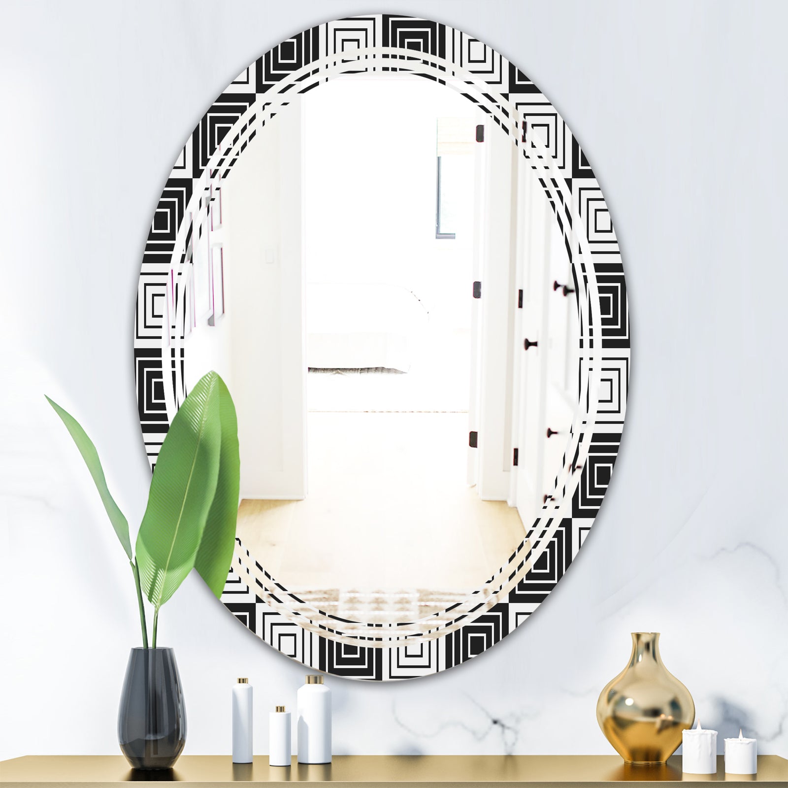 Monochrome Geometric Pattern XI - Modern Round or Oval Wall Mirror - Triple C