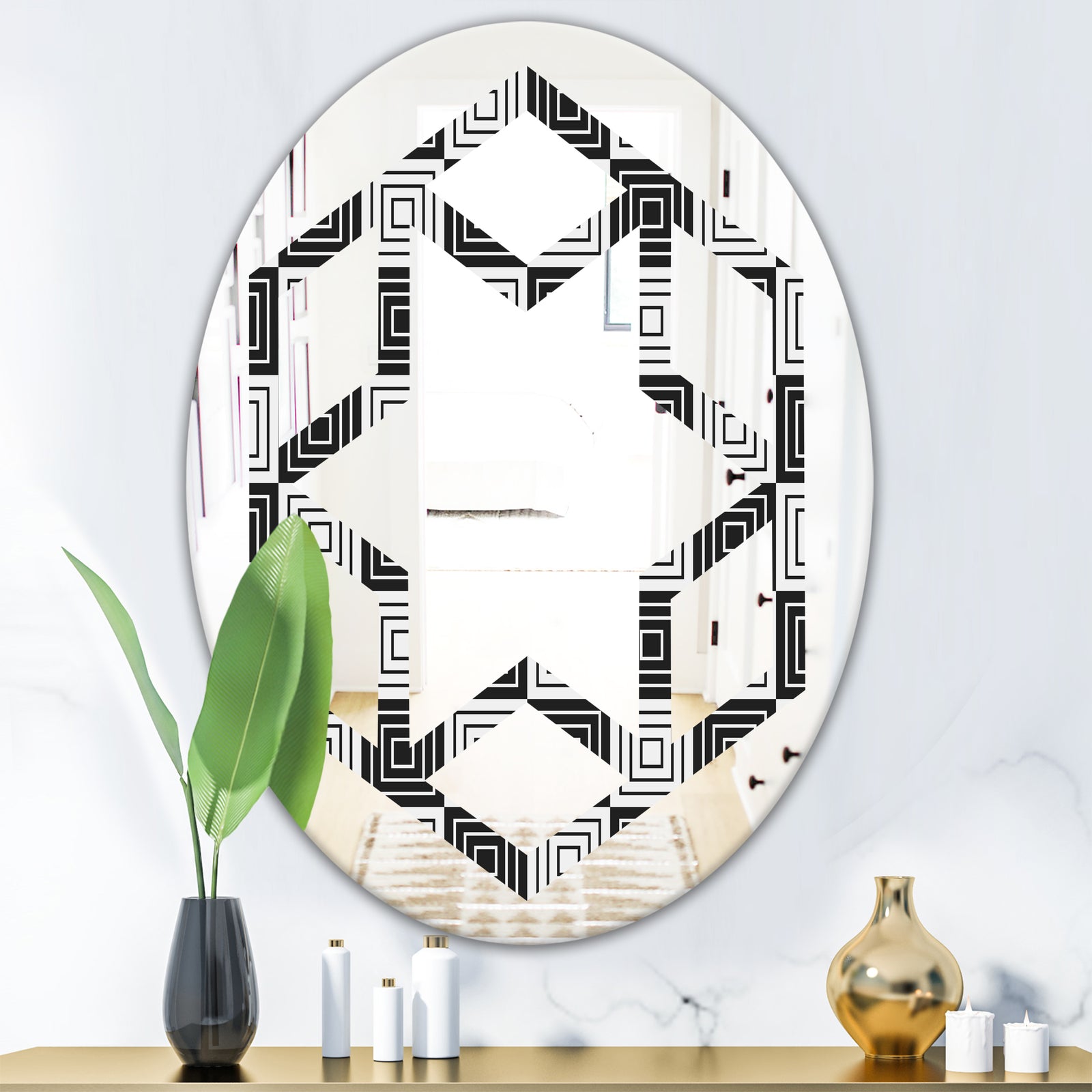 Monochrome Geometric Pattern XI - Modern Round or Oval Wall Mirror - Hexagon Star