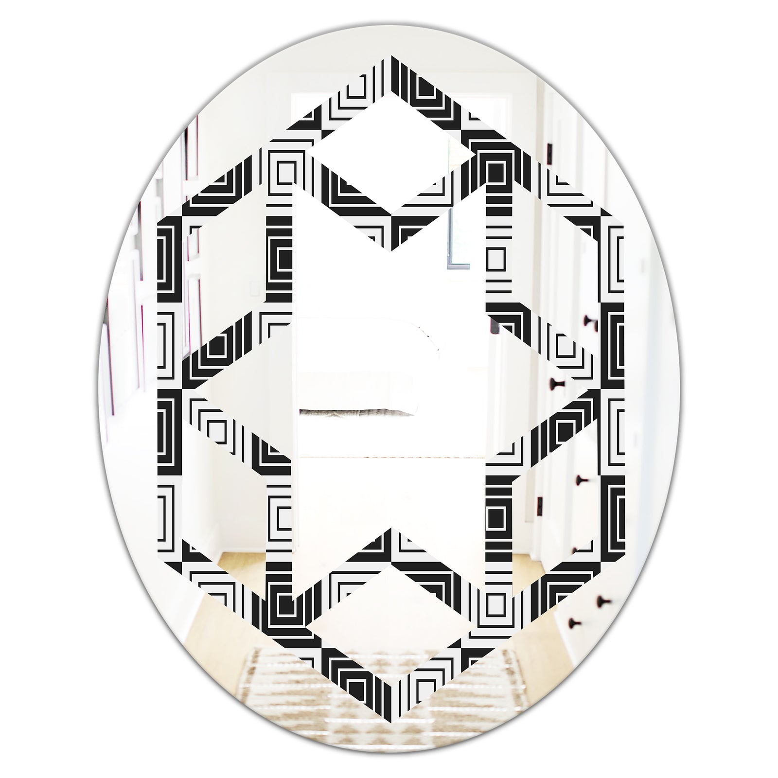 Monochrome Geometric Pattern XI - Modern Round or Oval Wall Mirror - Hexagon Star