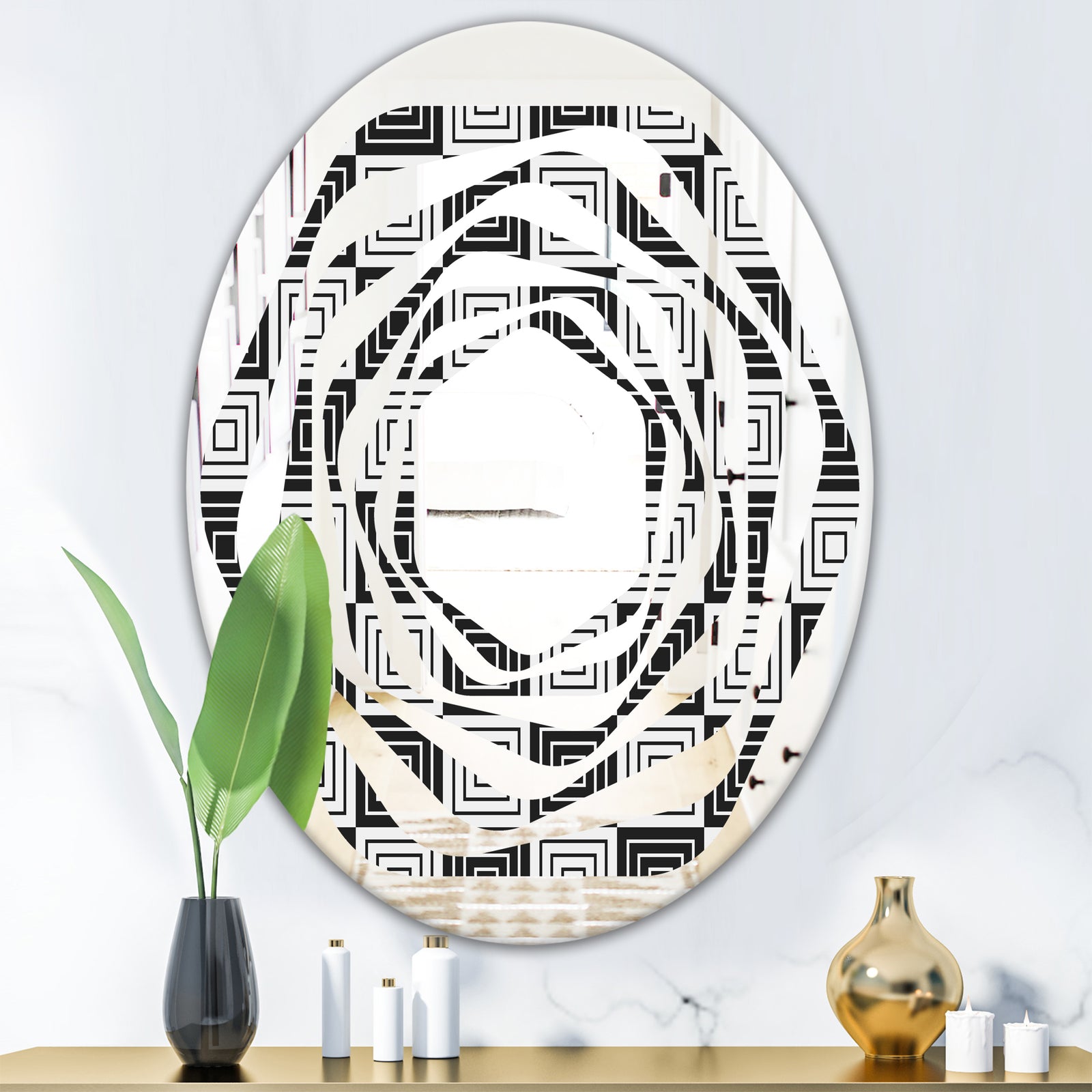 Monochrome Geometric Pattern XI - Modern Round or Oval Wall Mirror - Whirl