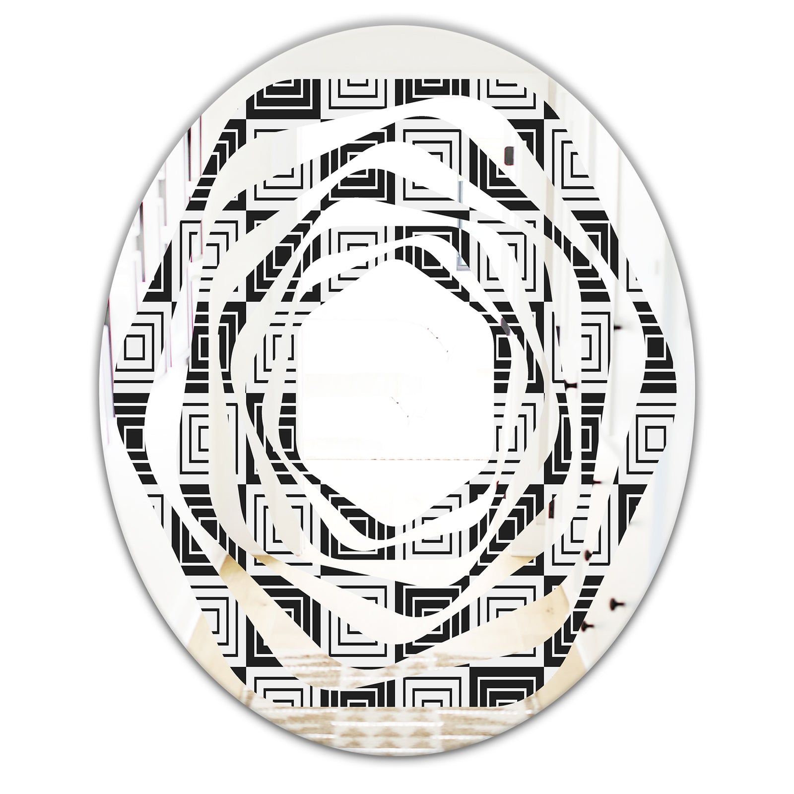 Monochrome Geometric Pattern XI - Modern Round or Oval Wall Mirror - Whirl