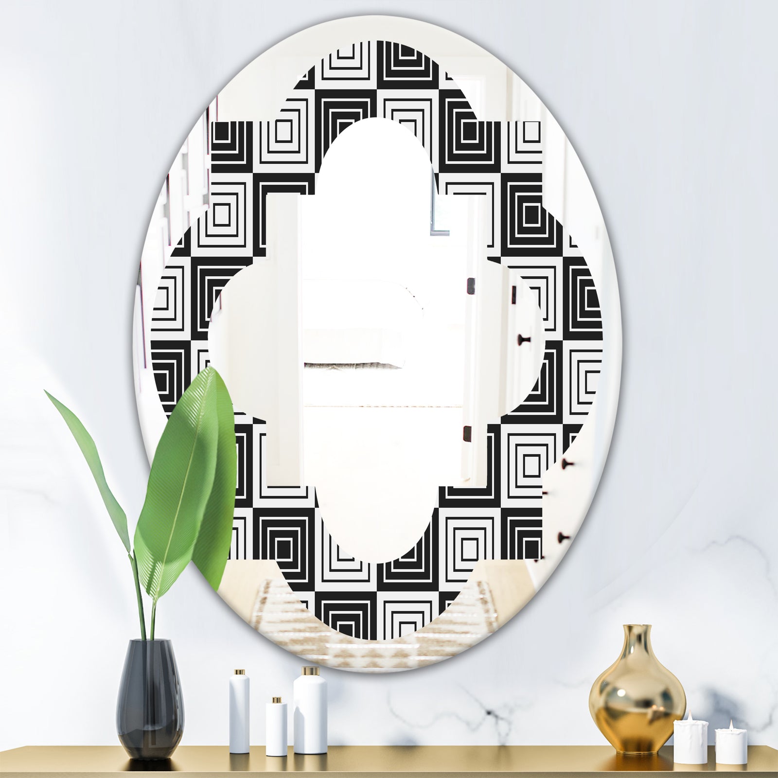 Monochrome Geometric Pattern XI - Modern Round or Oval Wall Mirror - Quatrefoil