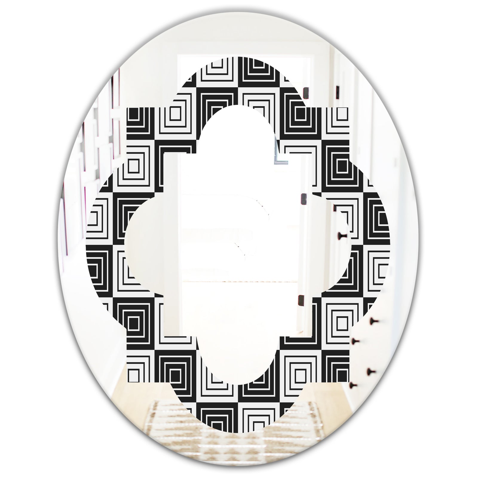 Monochrome Geometric Pattern XI - Modern Round or Oval Wall Mirror - Quatrefoil