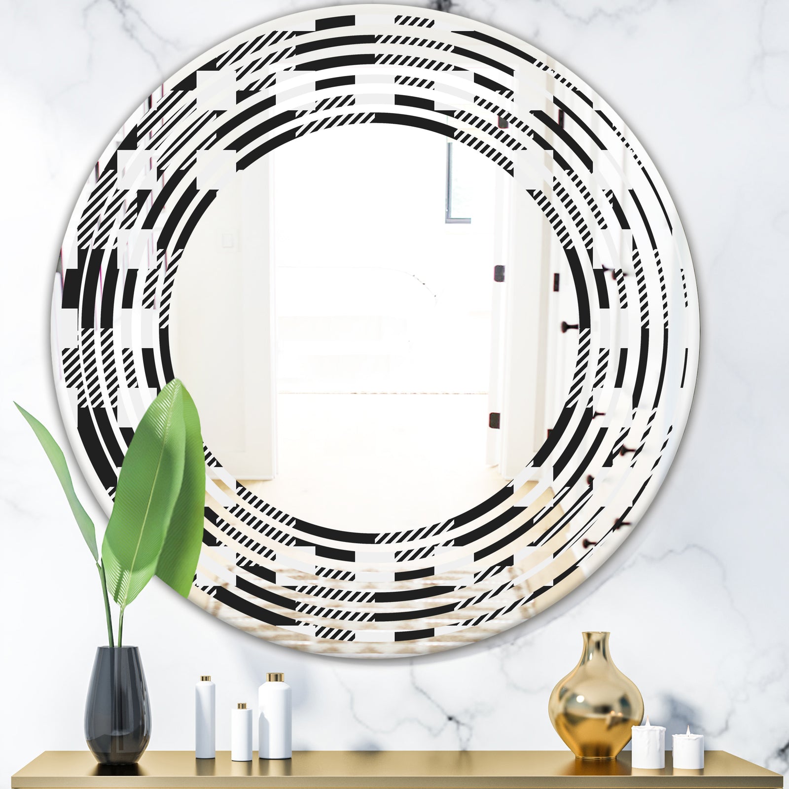 Geometric Monochrome Pattern II - Modern Round or Oval Wall Mirror - Wave