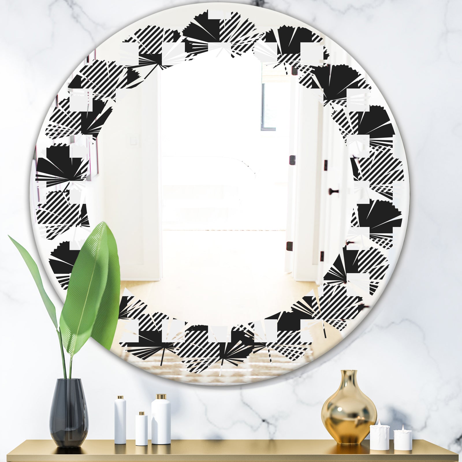 Geometric Monochrome Pattern II - Modern Round or Oval Wall Mirror - Leaves