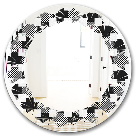 Geometric Monochrome Pattern II - Modern Round or Oval Wall Mirror - Leaves