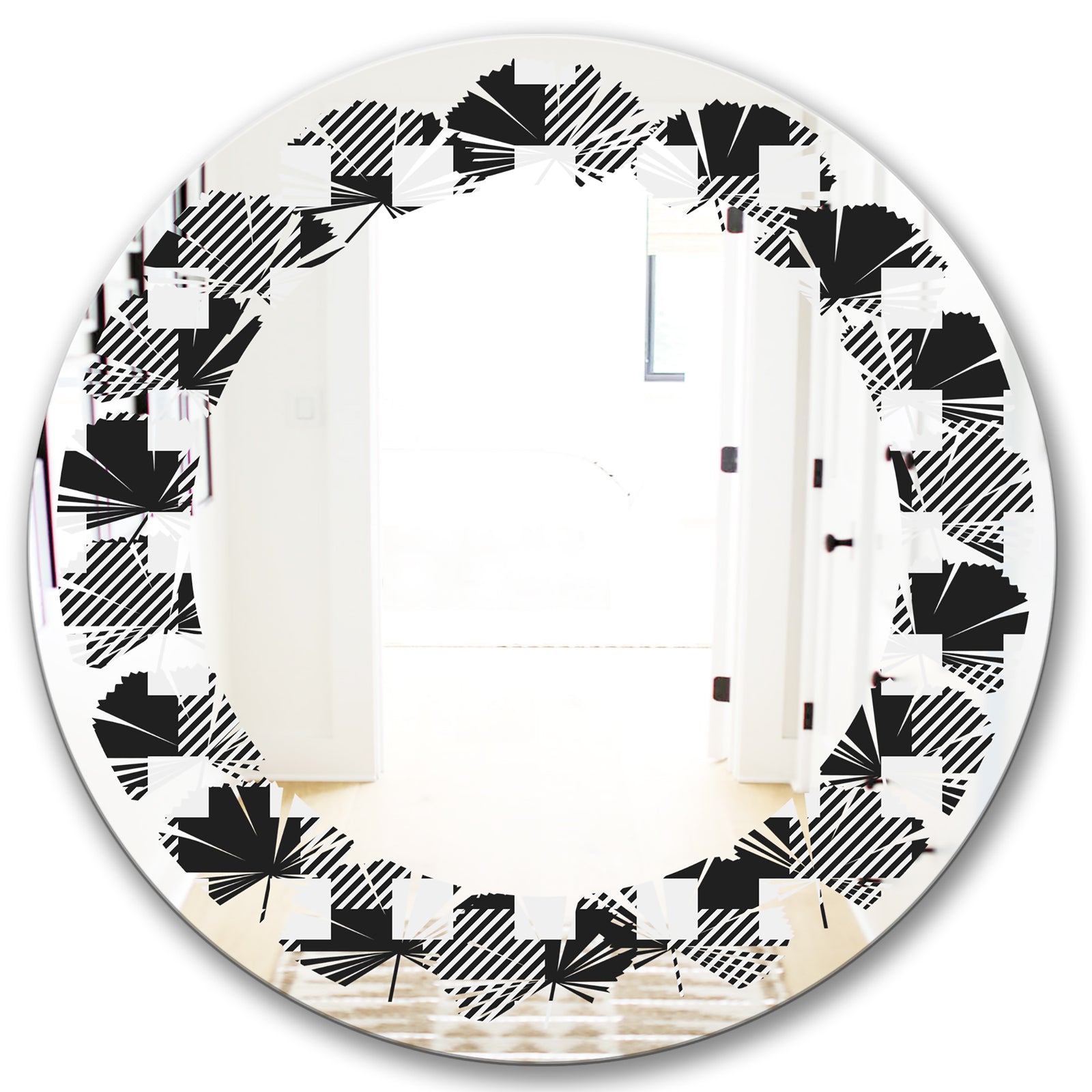 Geometric Monochrome Pattern II - Modern Round or Oval Wall Mirror - Leaves