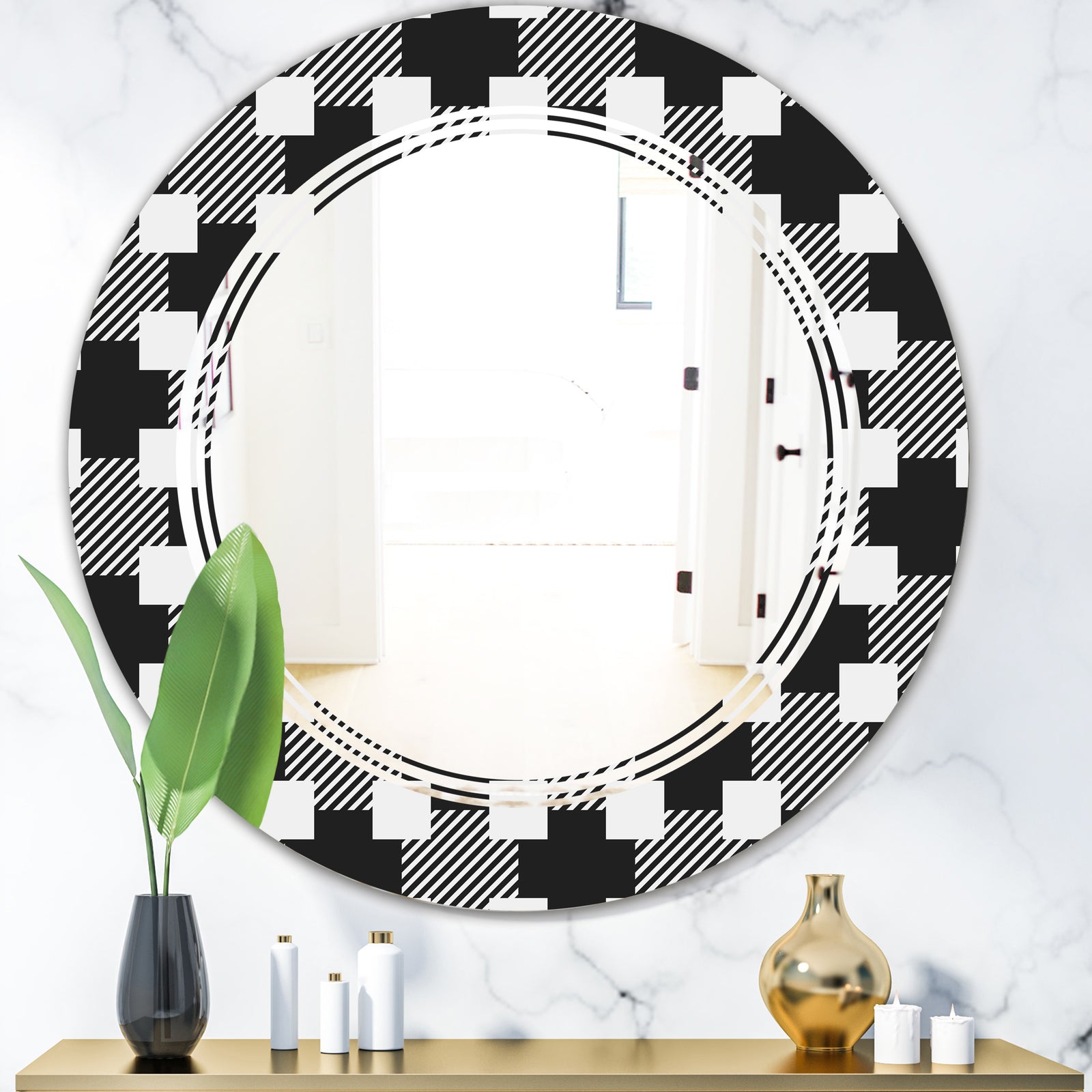 Geometric Monochrome Pattern II - Modern Round or Oval Wall Mirror - Triple C