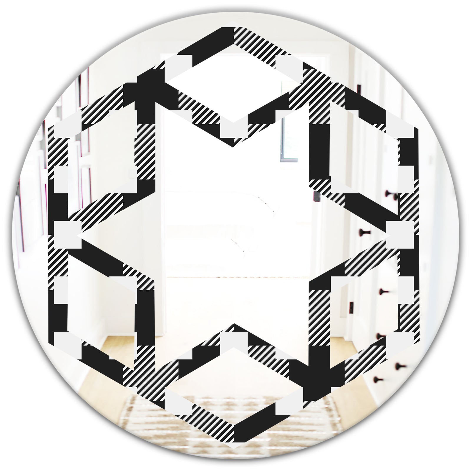 Geometric Monochrome Pattern II - Modern Round or Oval Wall Mirror - Hexagon Star