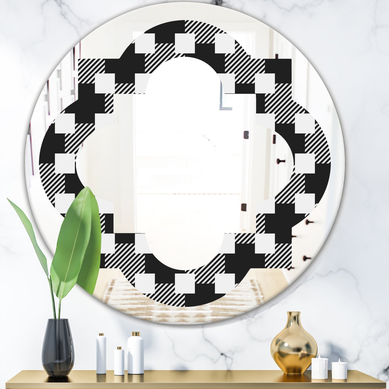 Geometric Monochrome Pattern II - Modern Round or Oval Wall Mirror - Quatrefoil