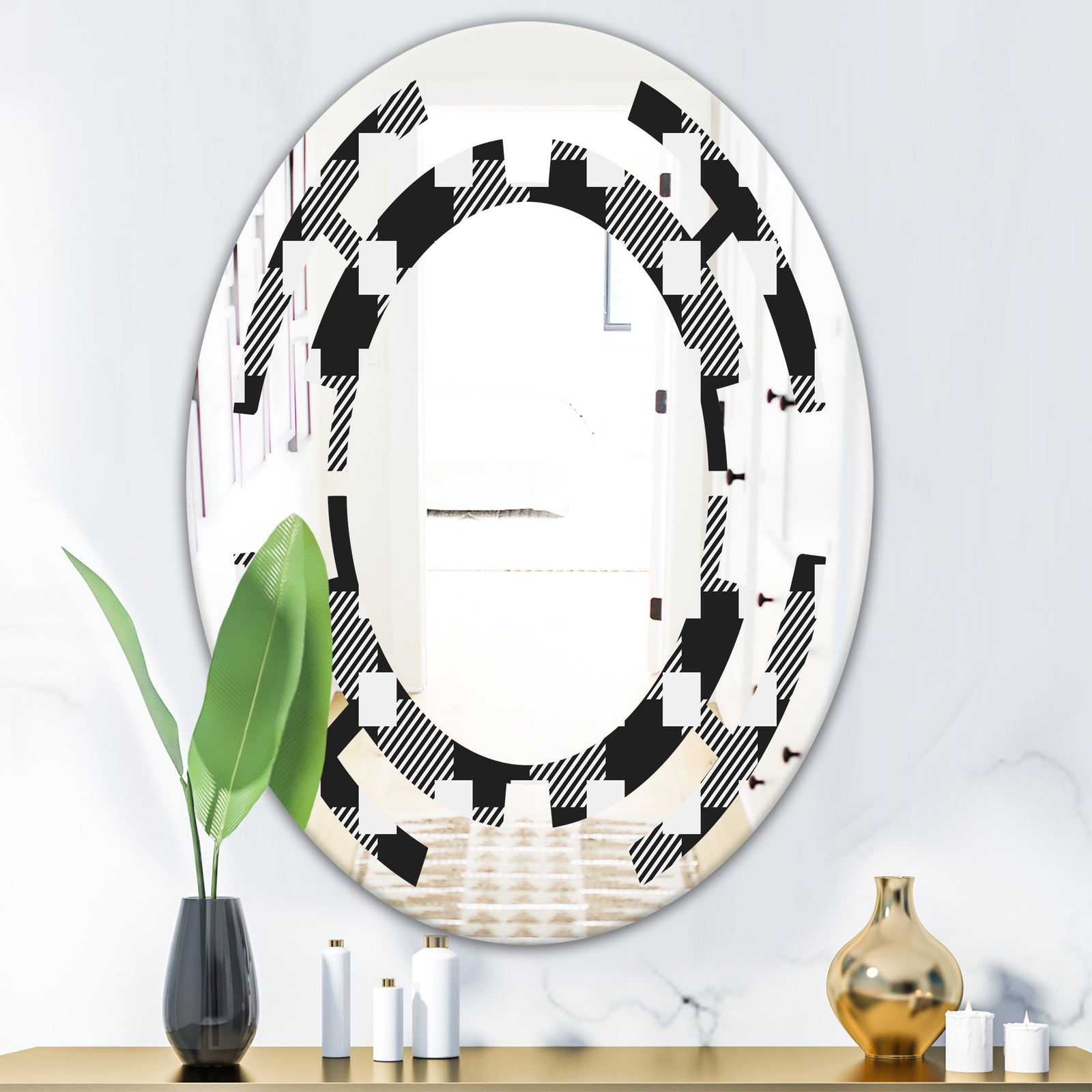 Geometric Monochrome Pattern II - Modern Round or Oval Wall Mirror - Space