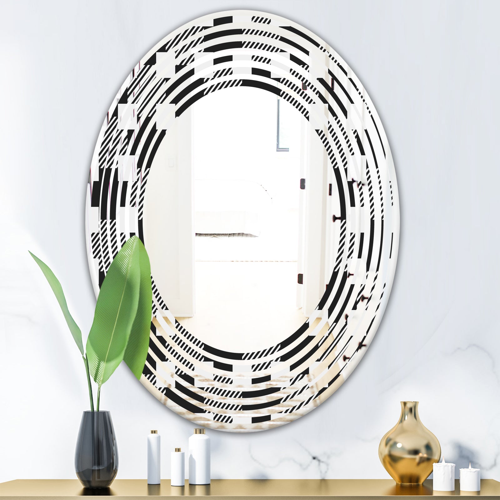 Geometric Monochrome Pattern II - Modern Round or Oval Wall Mirror - Wave