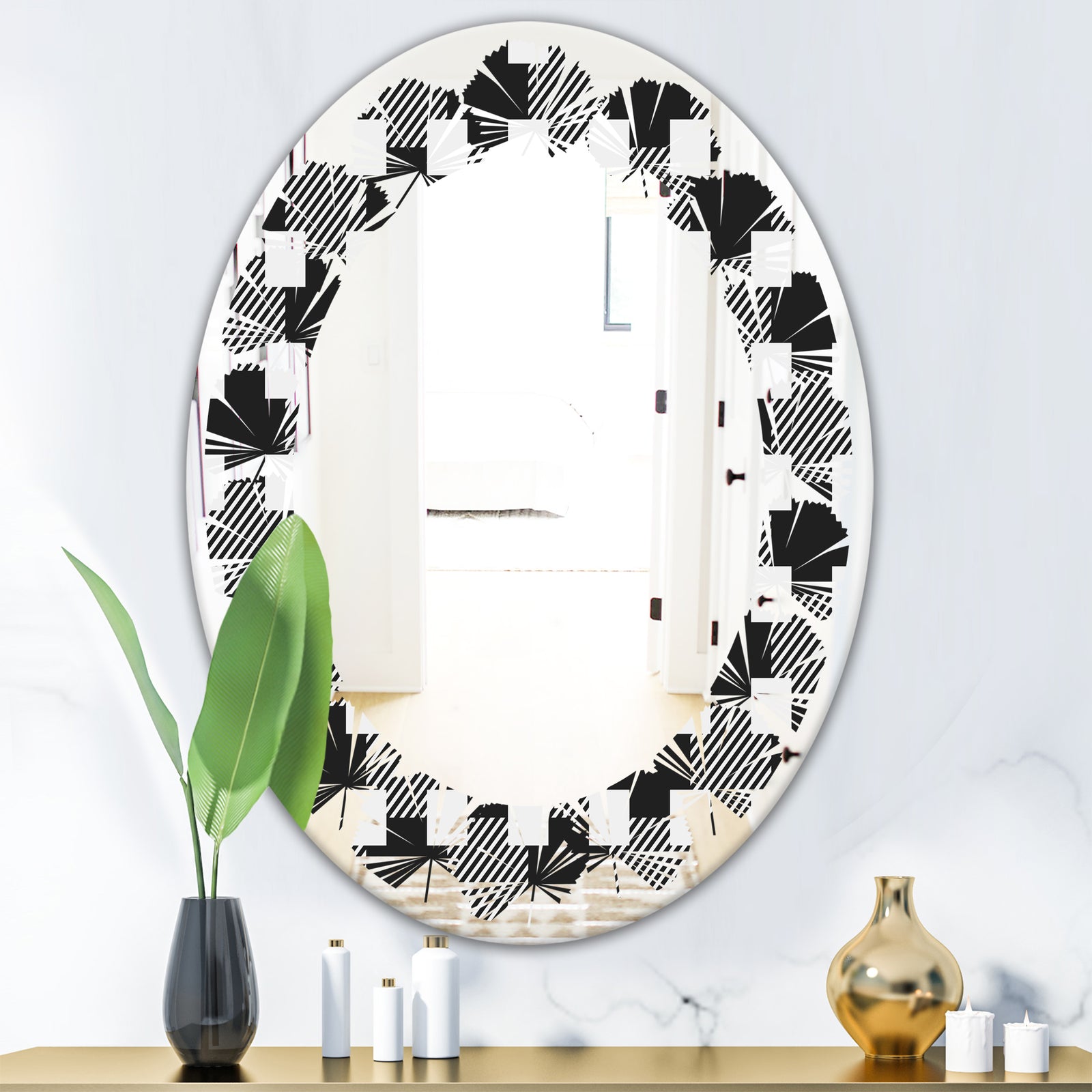 Geometric Monochrome Pattern II - Modern Round or Oval Wall Mirror - Leaves