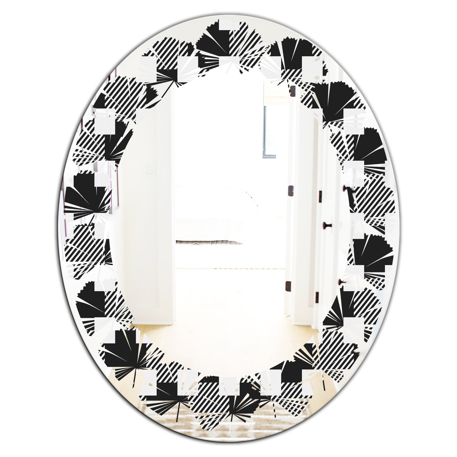 Geometric Monochrome Pattern II - Modern Round or Oval Wall Mirror - Leaves