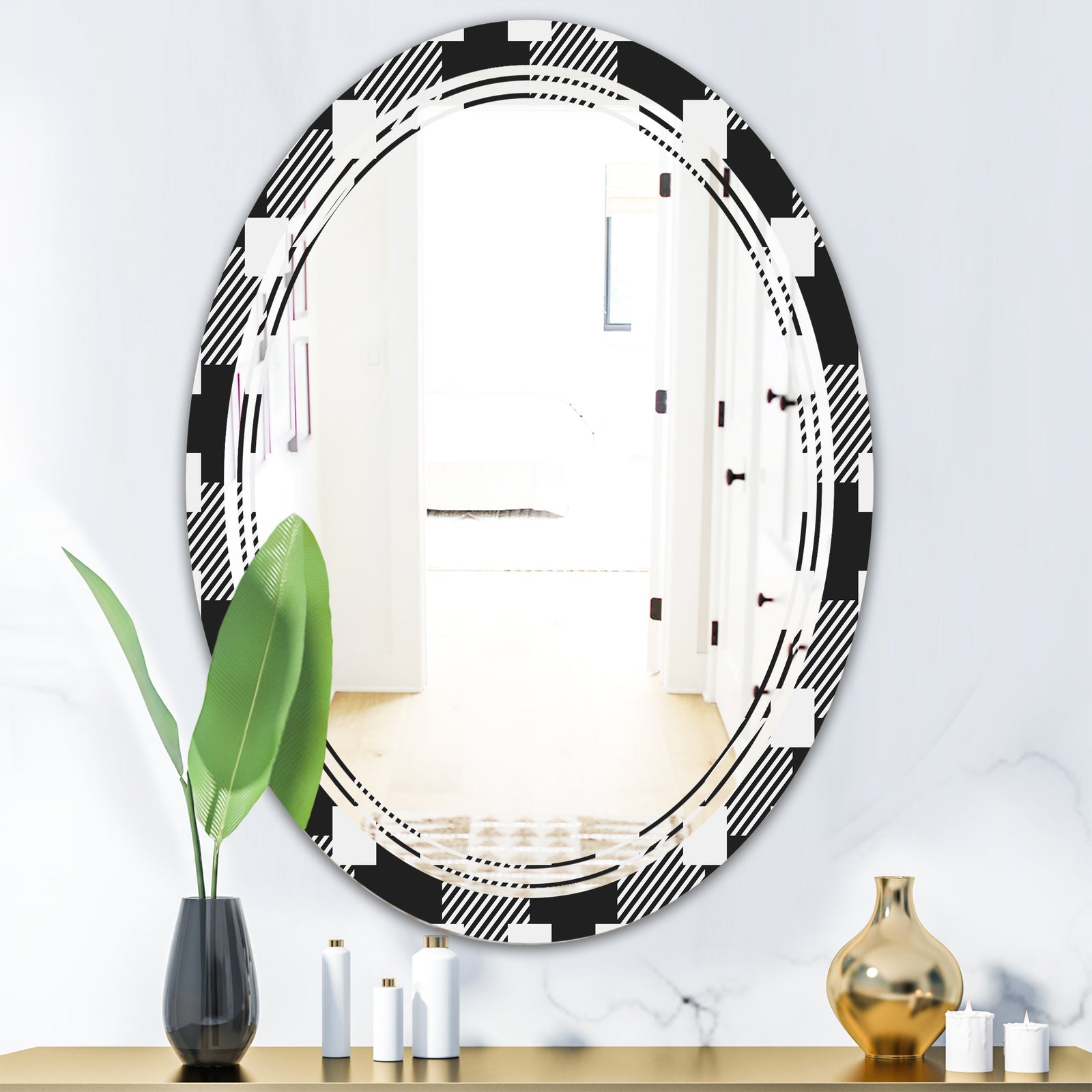 Geometric Monochrome Pattern II - Modern Round or Oval Wall Mirror - Triple C