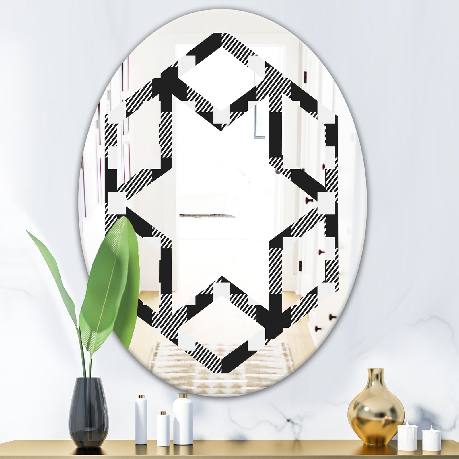 Geometric Monochrome Pattern II - Modern Round or Oval Wall Mirror - Hexagon Star