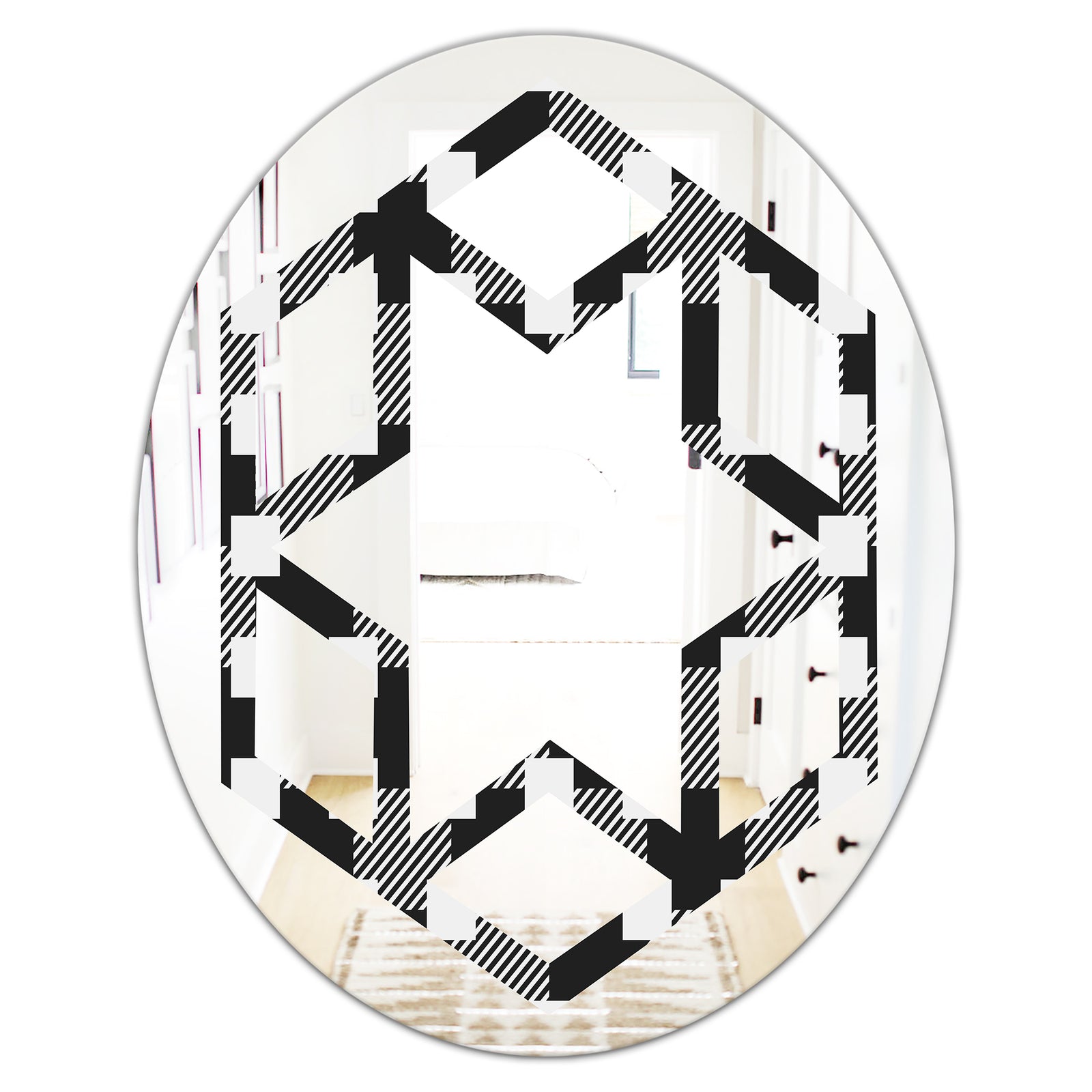 Geometric Monochrome Pattern II - Modern Round or Oval Wall Mirror - Hexagon Star