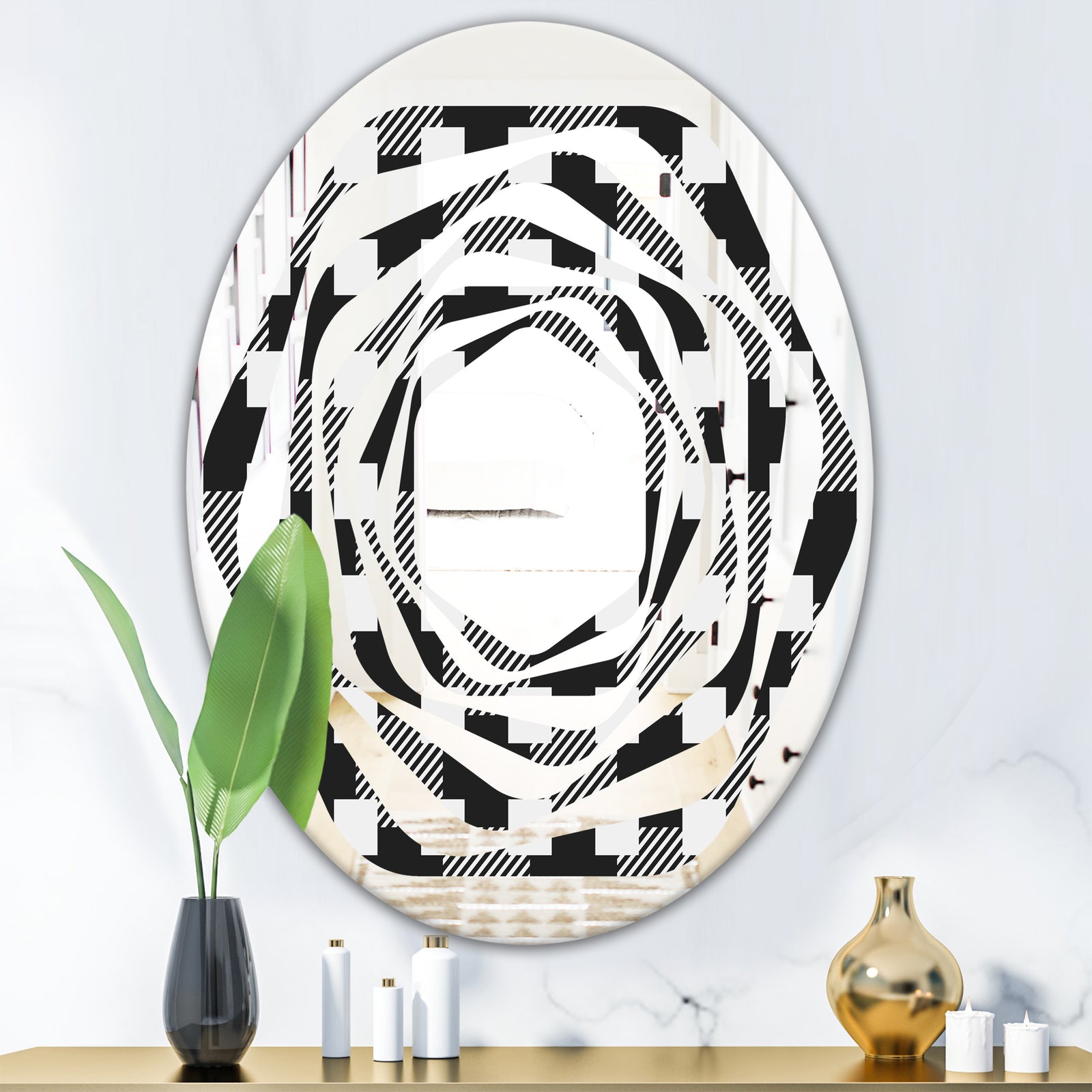 Geometric Monochrome Pattern II - Modern Round or Oval Wall Mirror - Whirl