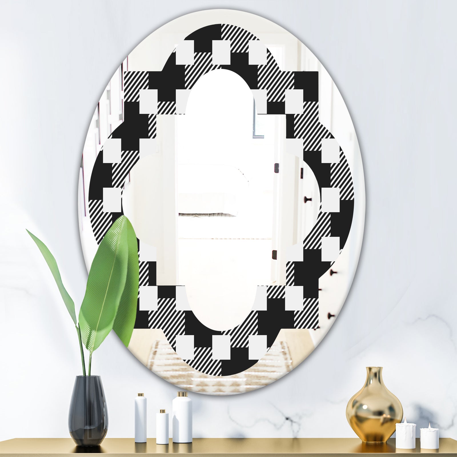 Geometric Monochrome Pattern II - Modern Round or Oval Wall Mirror - Quatrefoil
