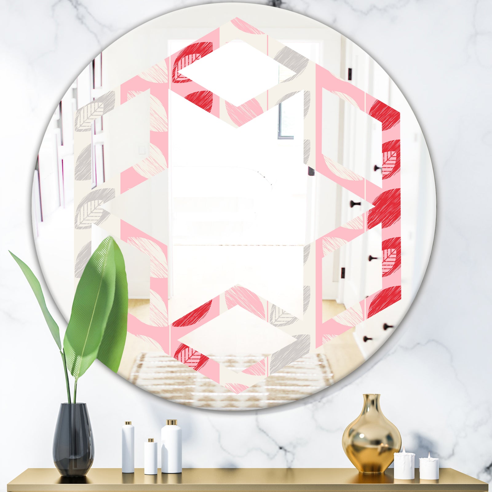 Botanical Retro Design I - Modern Round or Oval Wall Mirror - Hexagon Star