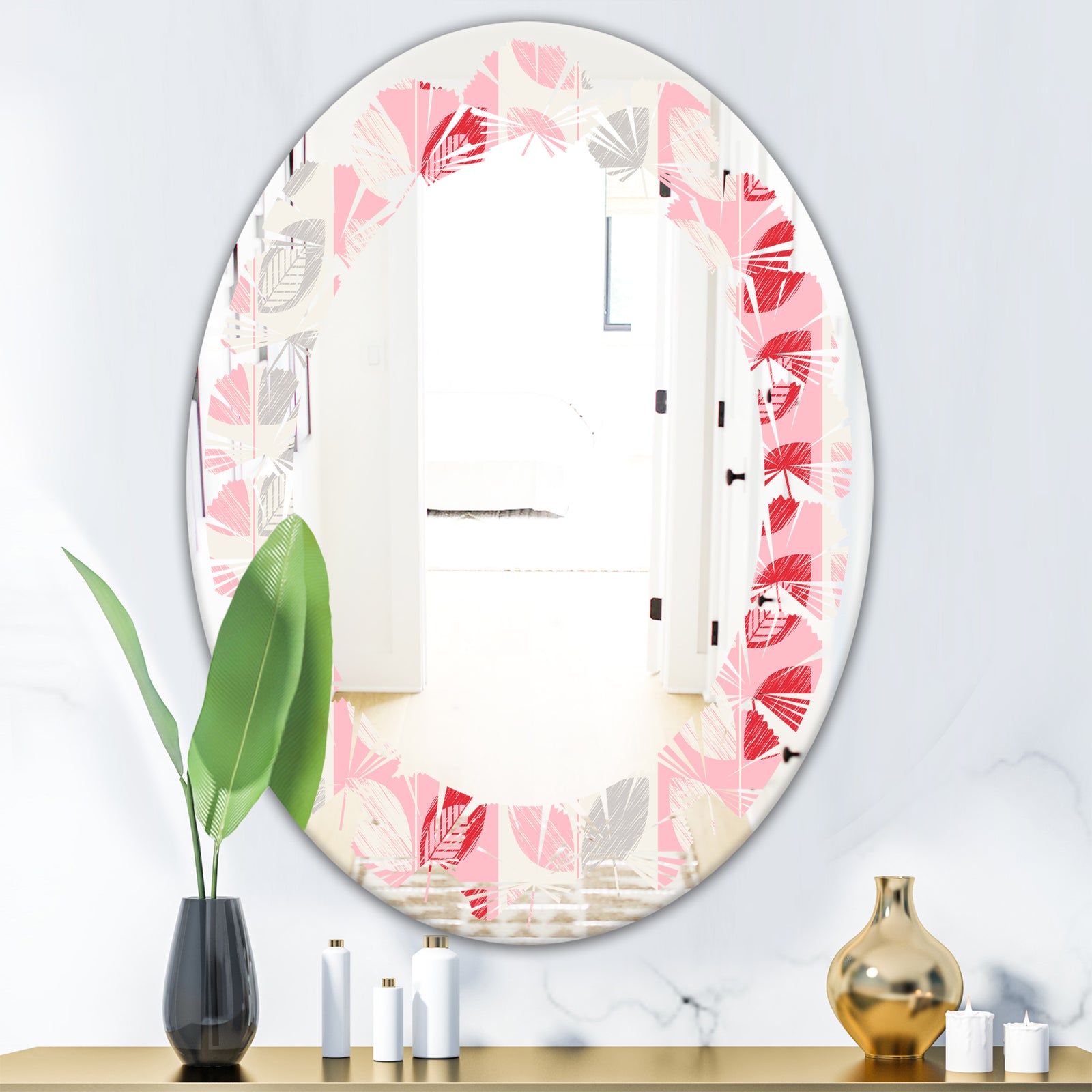 Botanical Retro Design I - Modern Round or Oval Wall Mirror - Leaves