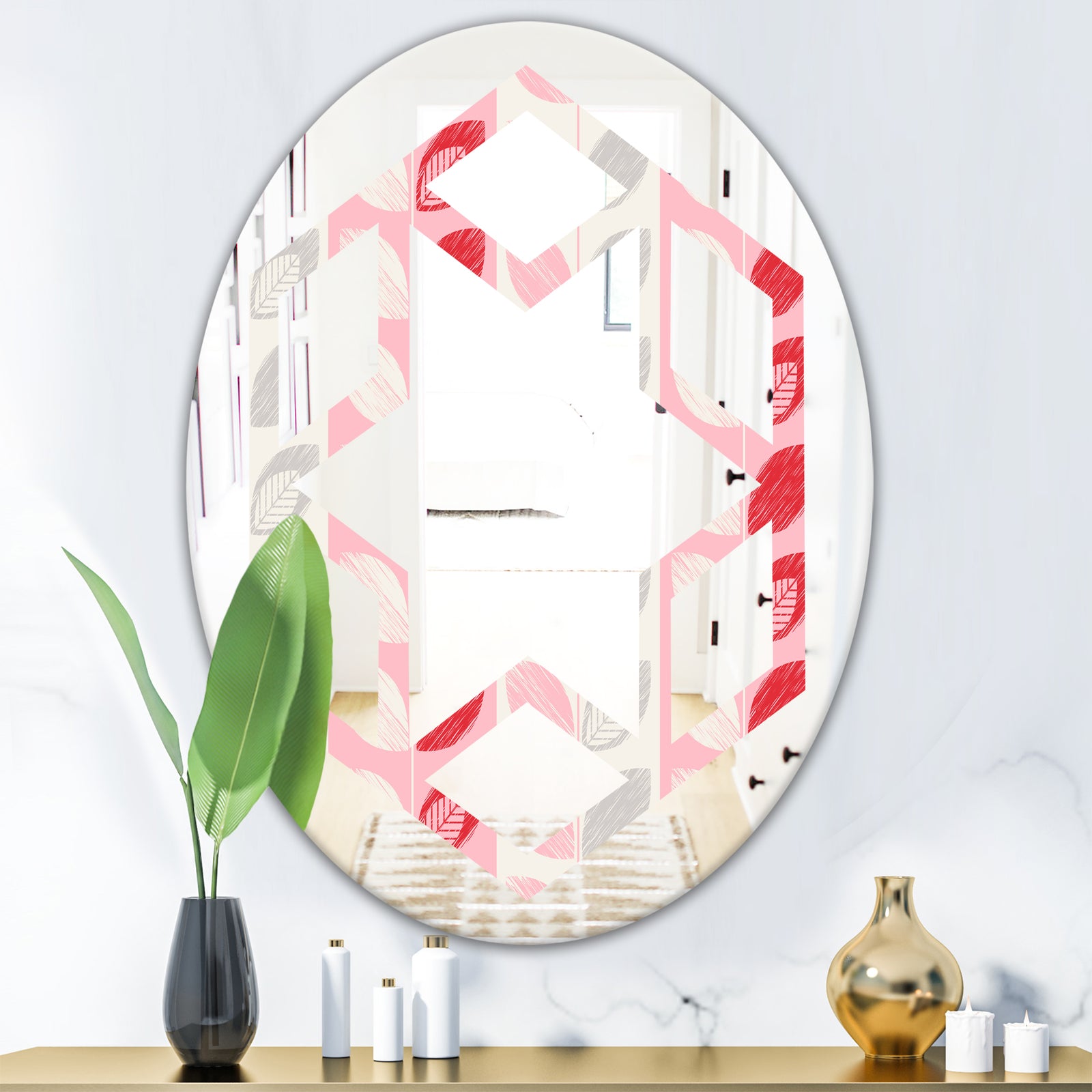 Botanical Retro Design I - Modern Round or Oval Wall Mirror - Hexagon Star