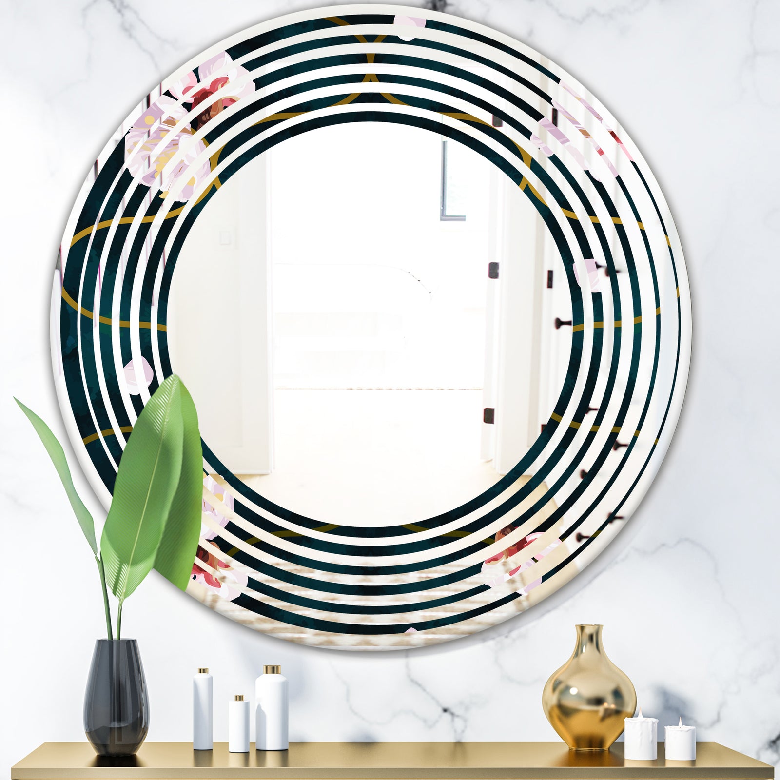 Retro Pink Flower Pattern II - Cottage Round or Oval Wall Mirror - Wave