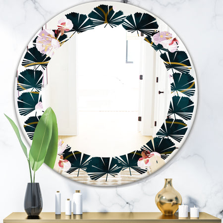 Retro Pink Flower Pattern II - Cottage Round or Oval Wall Mirror - Leaves