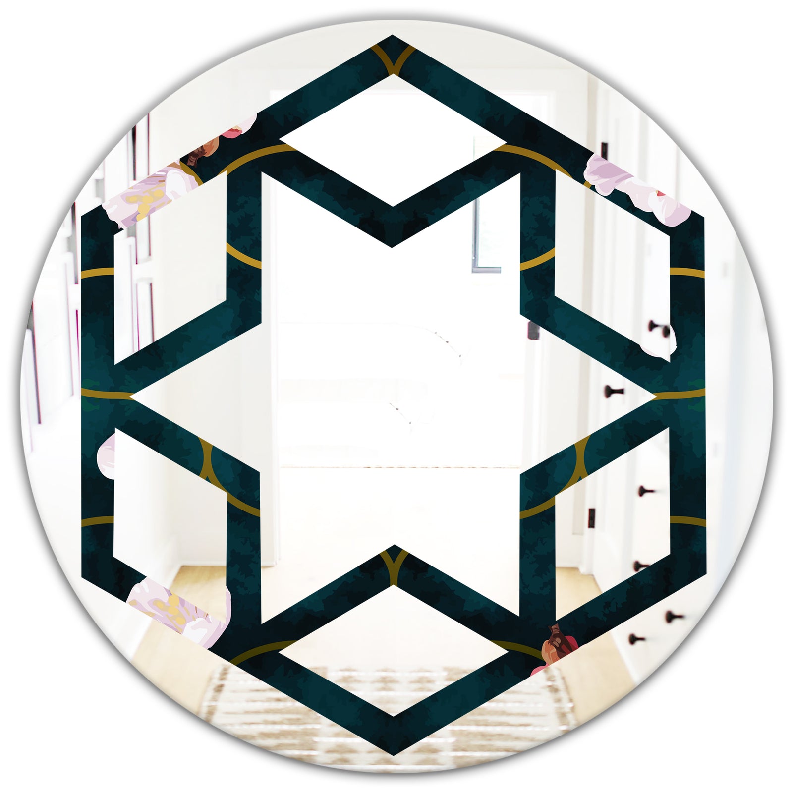 Retro Pink Flower Pattern II - Cottage Round or Oval Wall Mirror - Hexagon Star