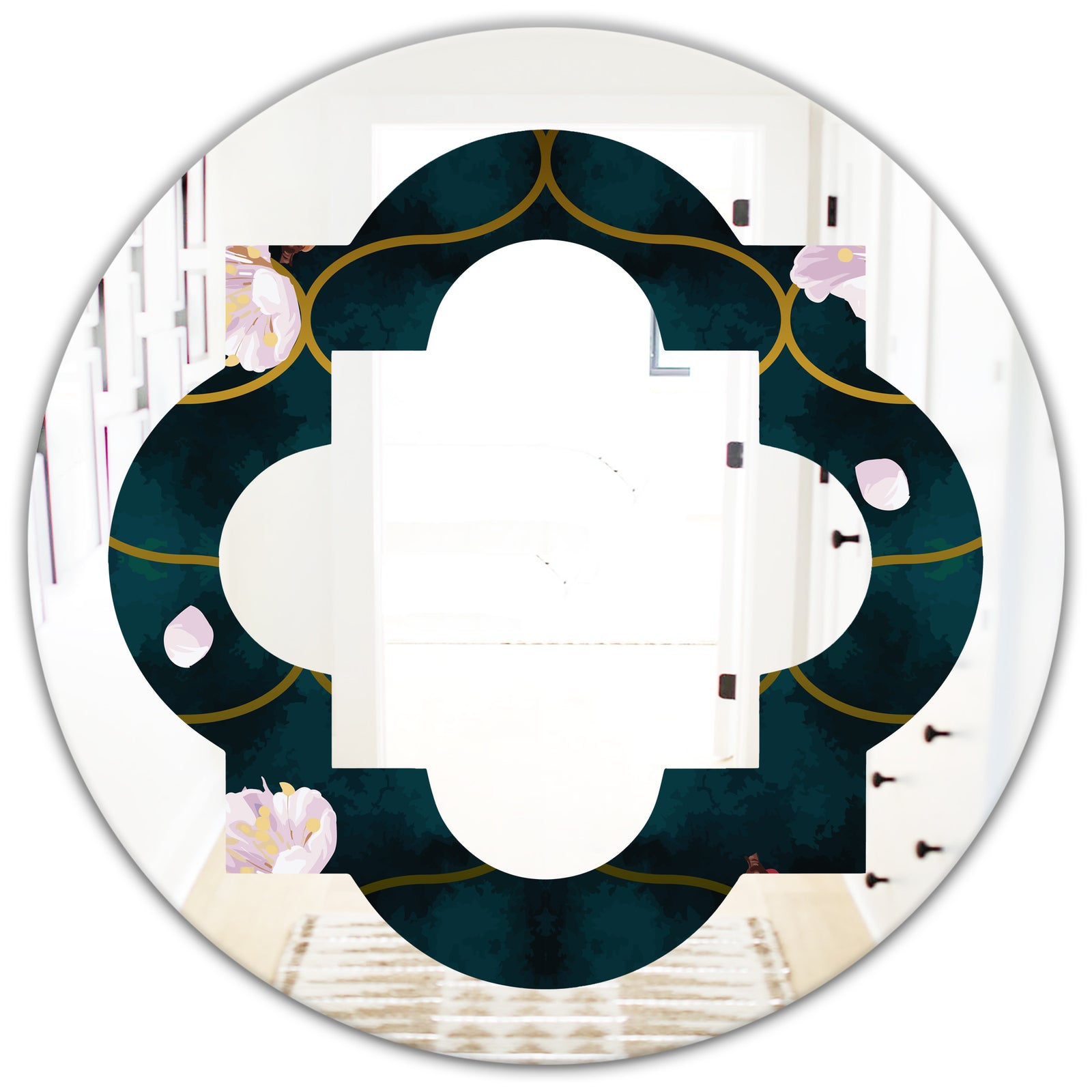 Retro Pink Flower Pattern II - Cottage Round or Oval Wall Mirror - Quatrefoil