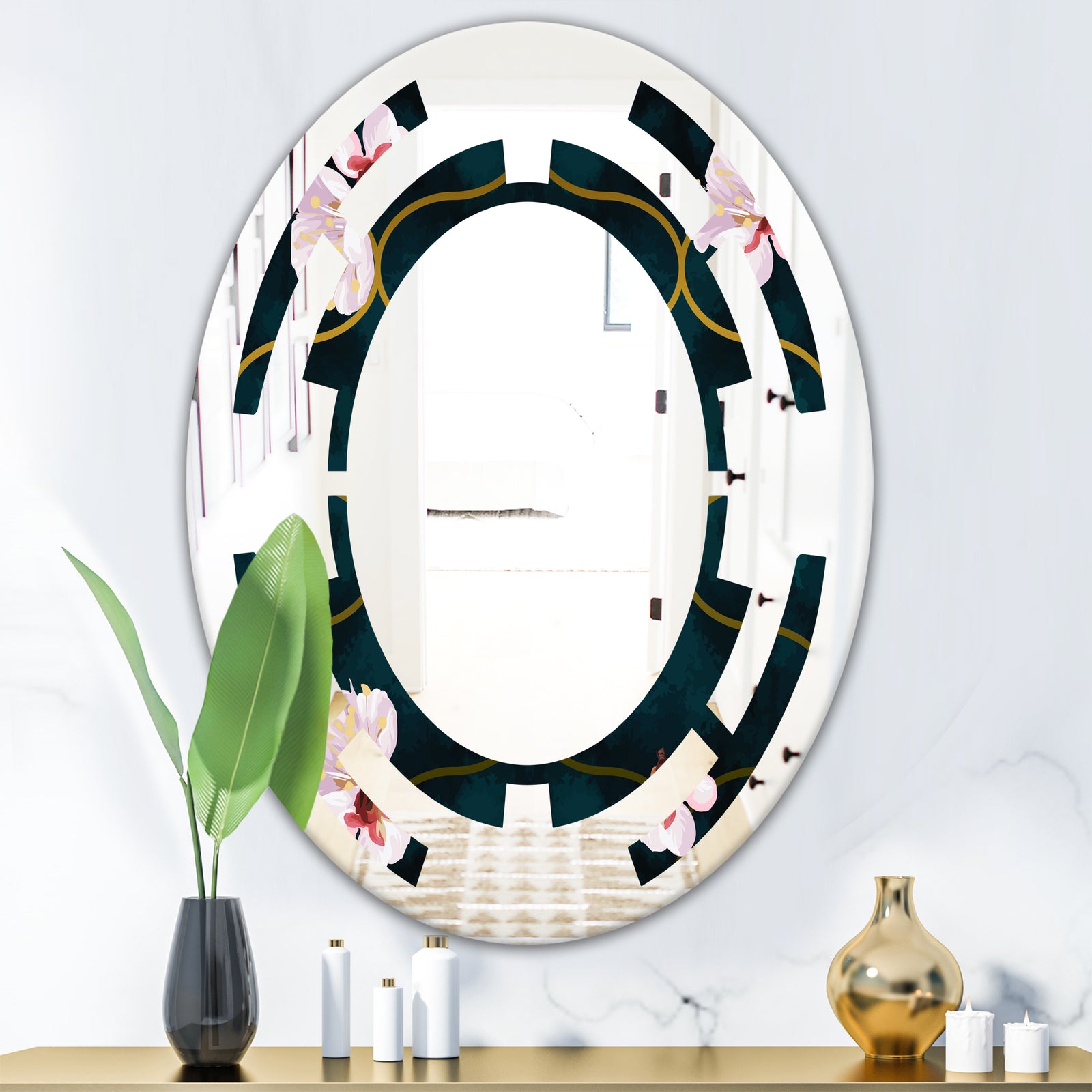 Retro Pink Flower Pattern II - Cottage Round or Oval Wall Mirror - Space