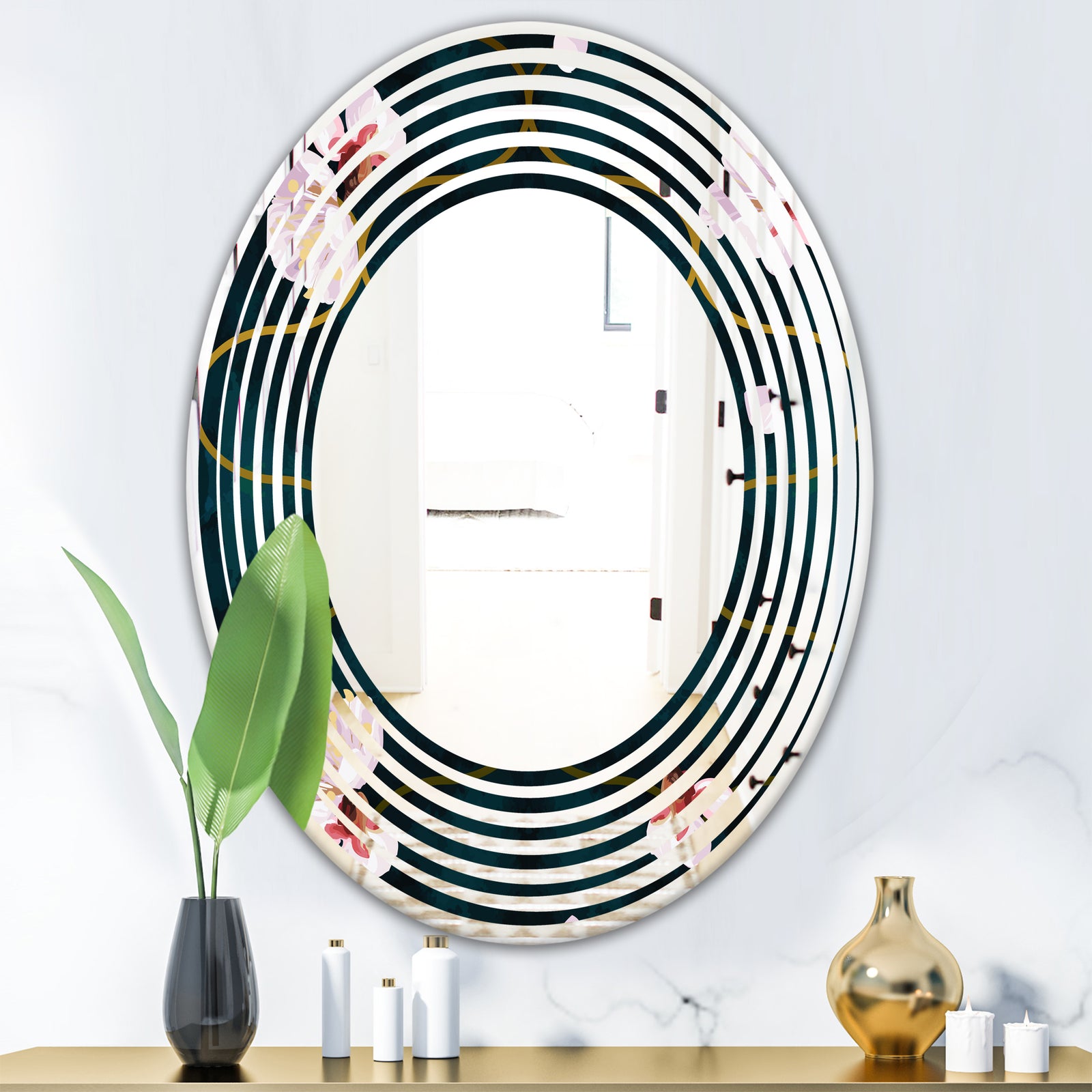 Retro Pink Flower Pattern II - Cottage Round or Oval Wall Mirror - Wave