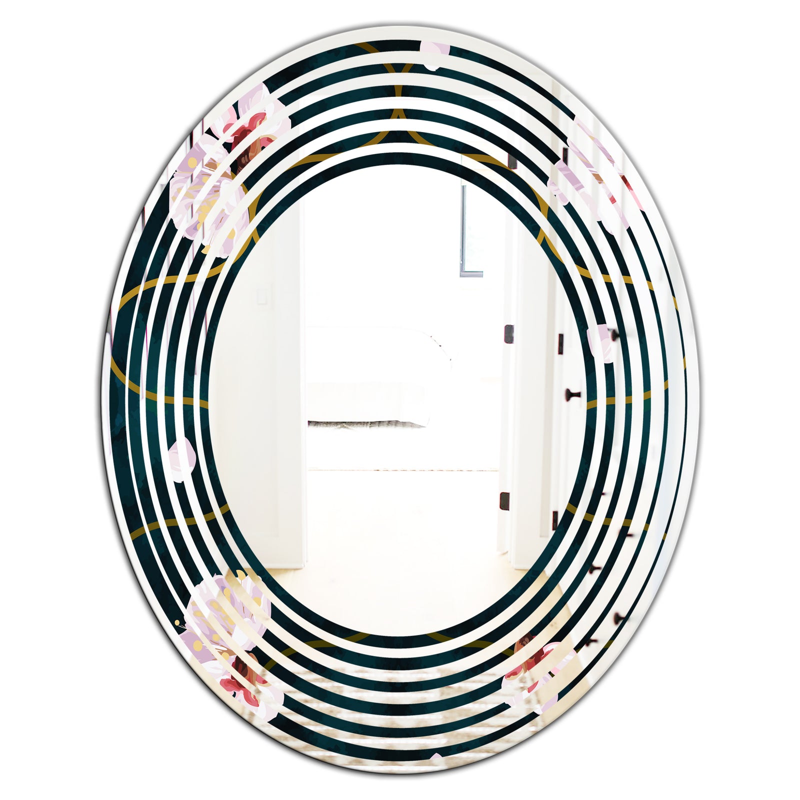 Retro Pink Flower Pattern II - Cottage Round or Oval Wall Mirror - Wave