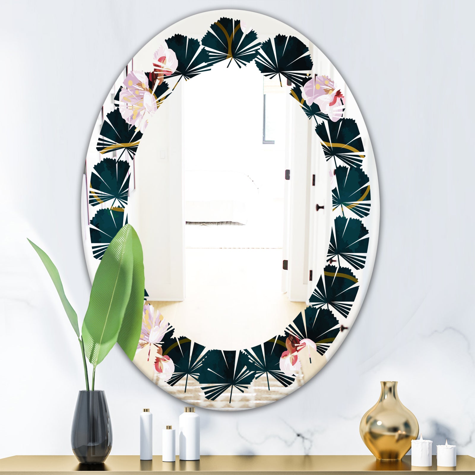 Retro Pink Flower Pattern II - Cottage Round or Oval Wall Mirror - Leaves