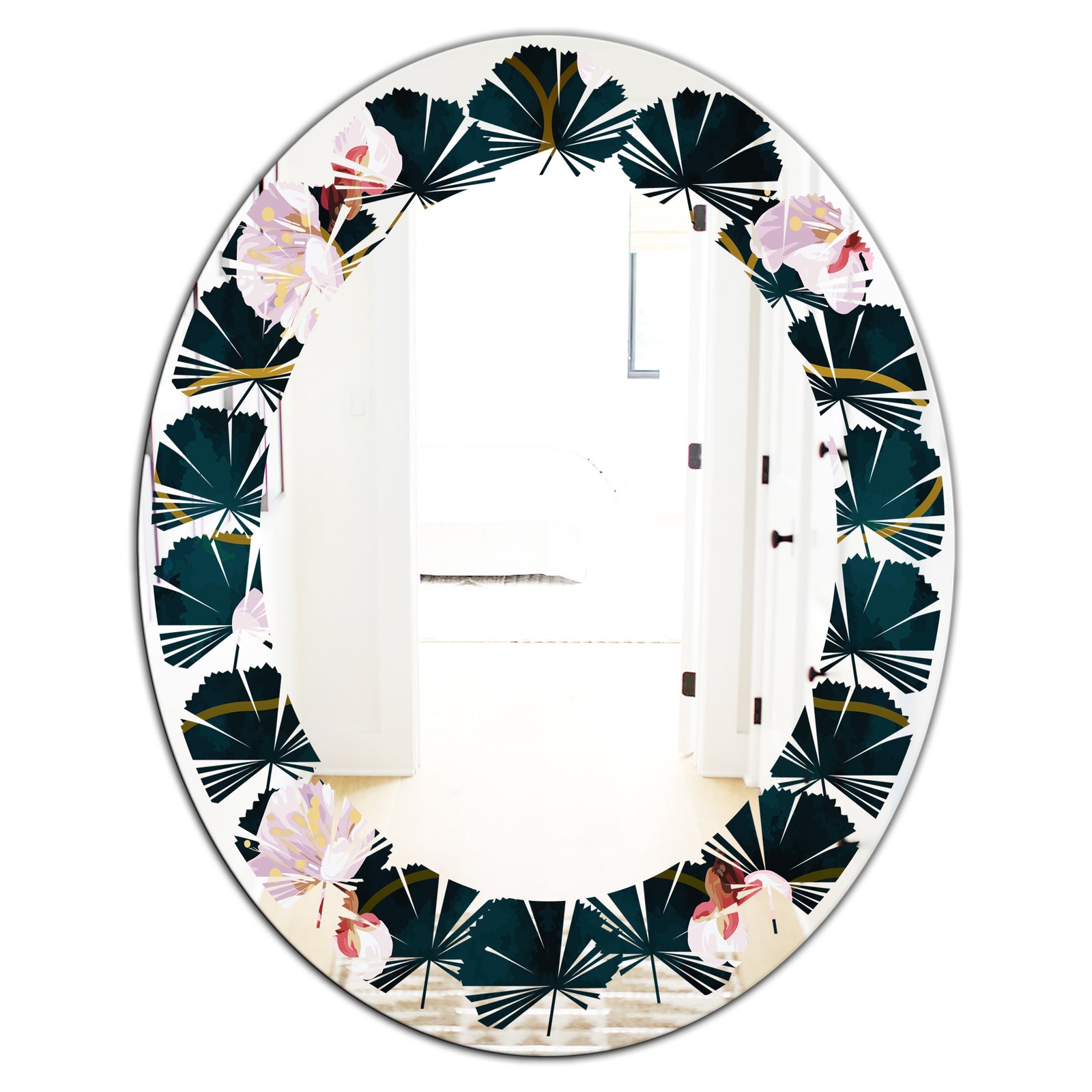 Retro Pink Flower Pattern II - Cottage Round or Oval Wall Mirror - Leaves