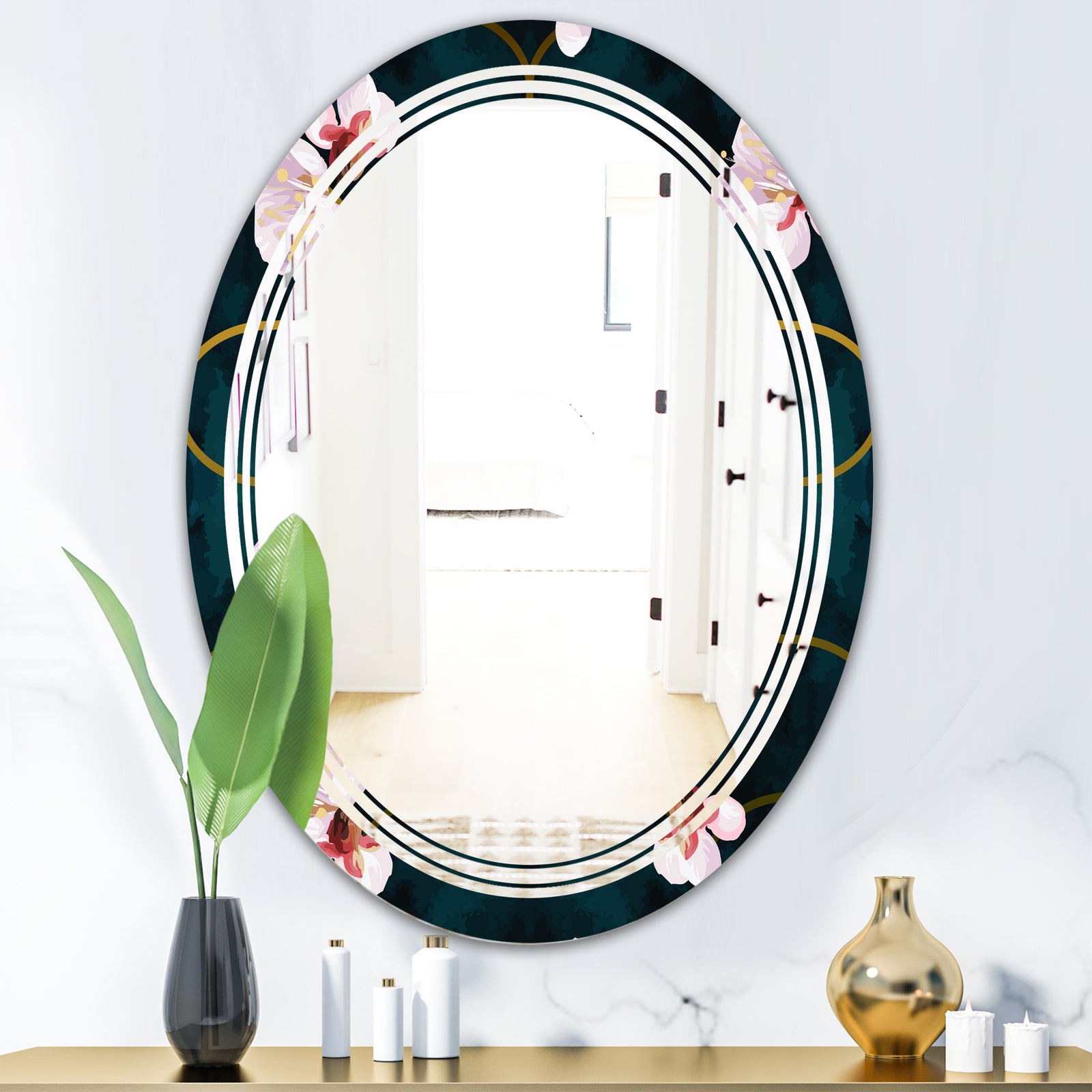 Retro Pink Flower Pattern II - Cottage Round or Oval Wall Mirror - Triple C
