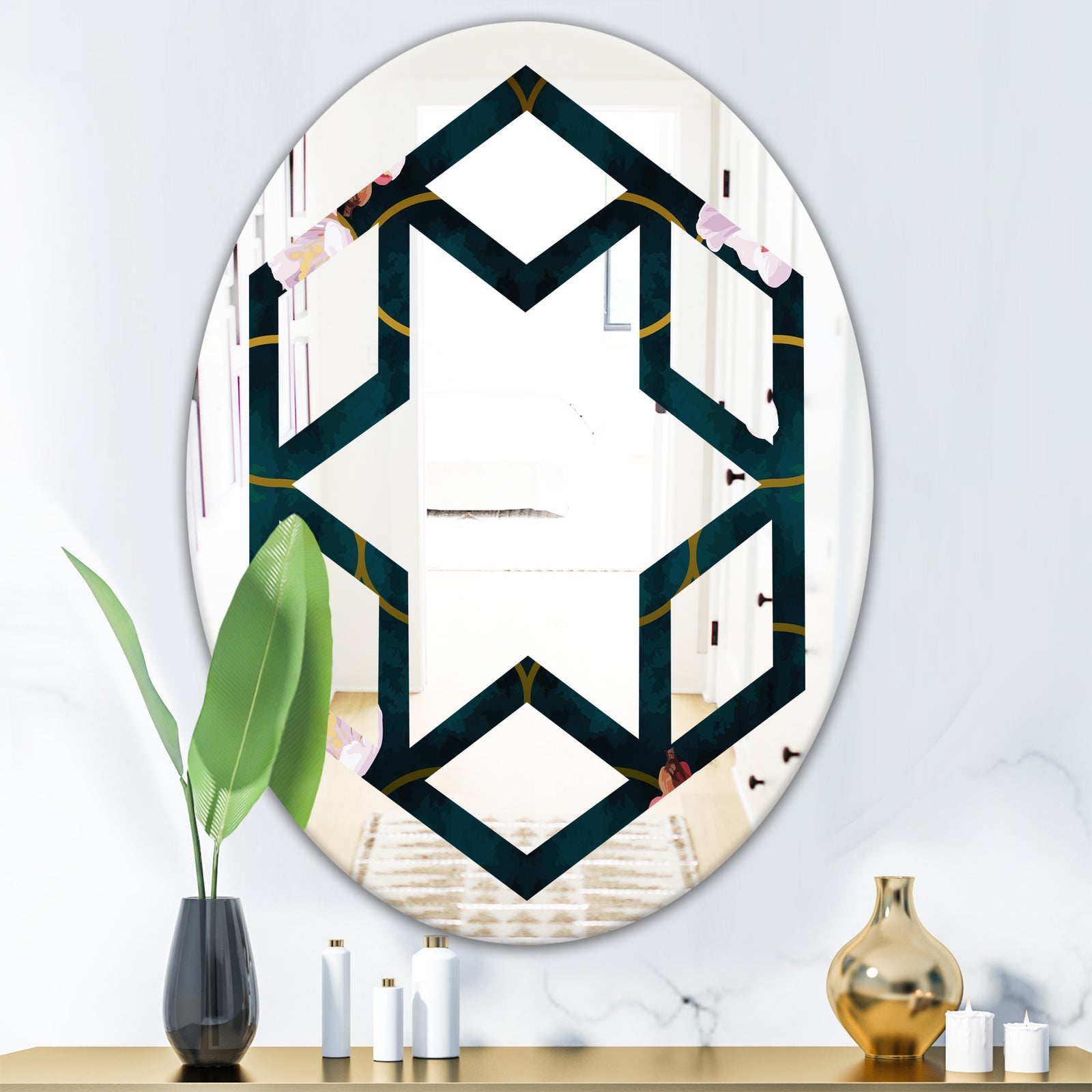 Retro Pink Flower Pattern II - Cottage Round or Oval Wall Mirror - Hexagon Star