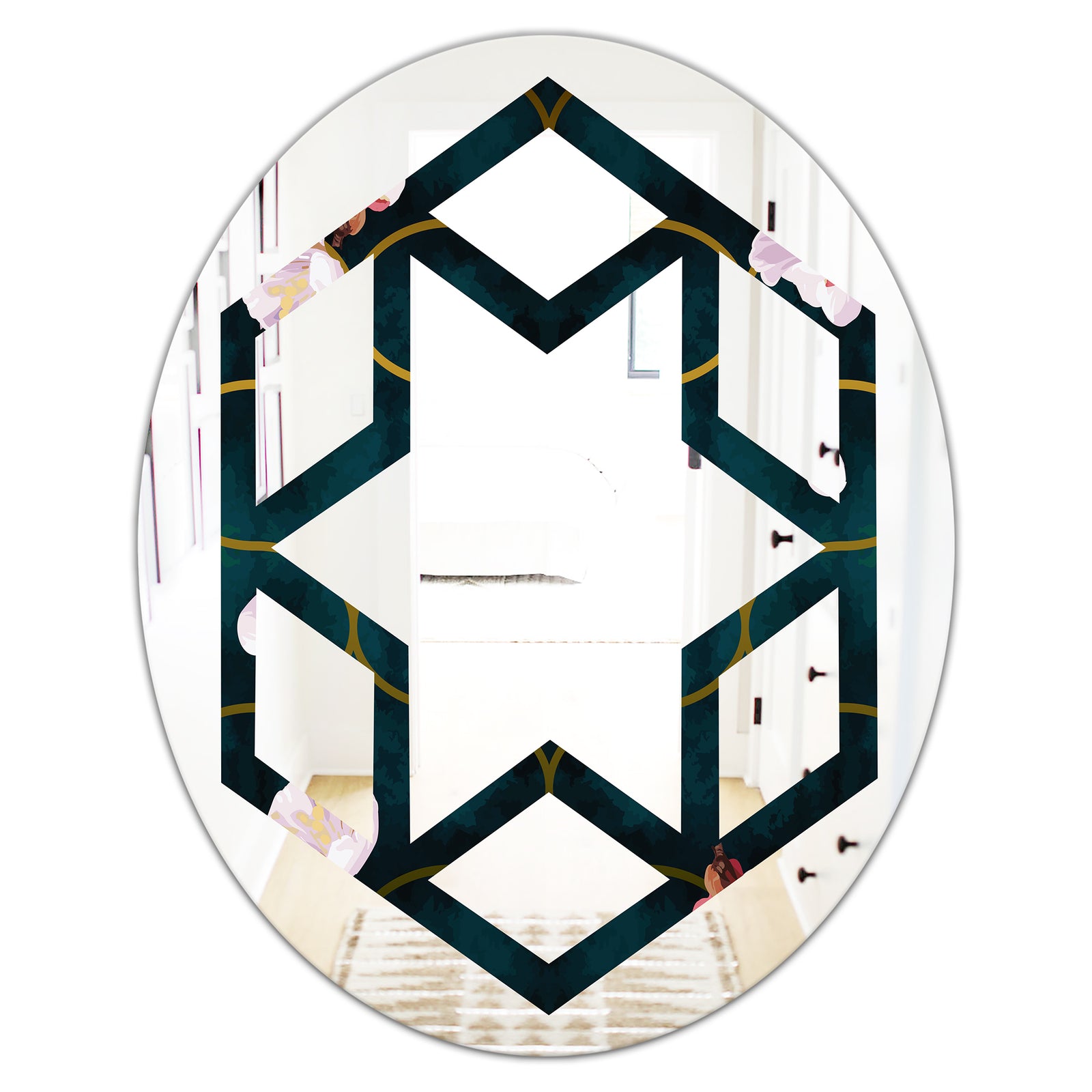 Retro Pink Flower Pattern II - Cottage Round or Oval Wall Mirror - Hexagon Star