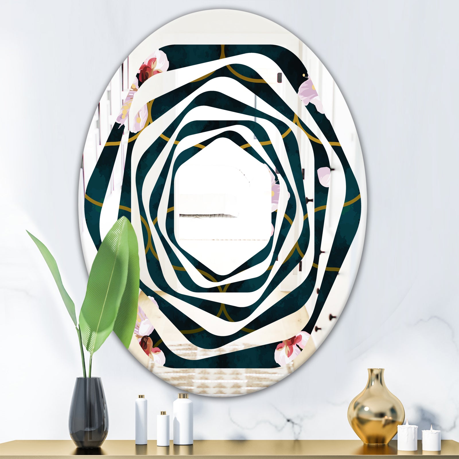 Retro Pink Flower Pattern II - Cottage Round or Oval Wall Mirror - Whirl
