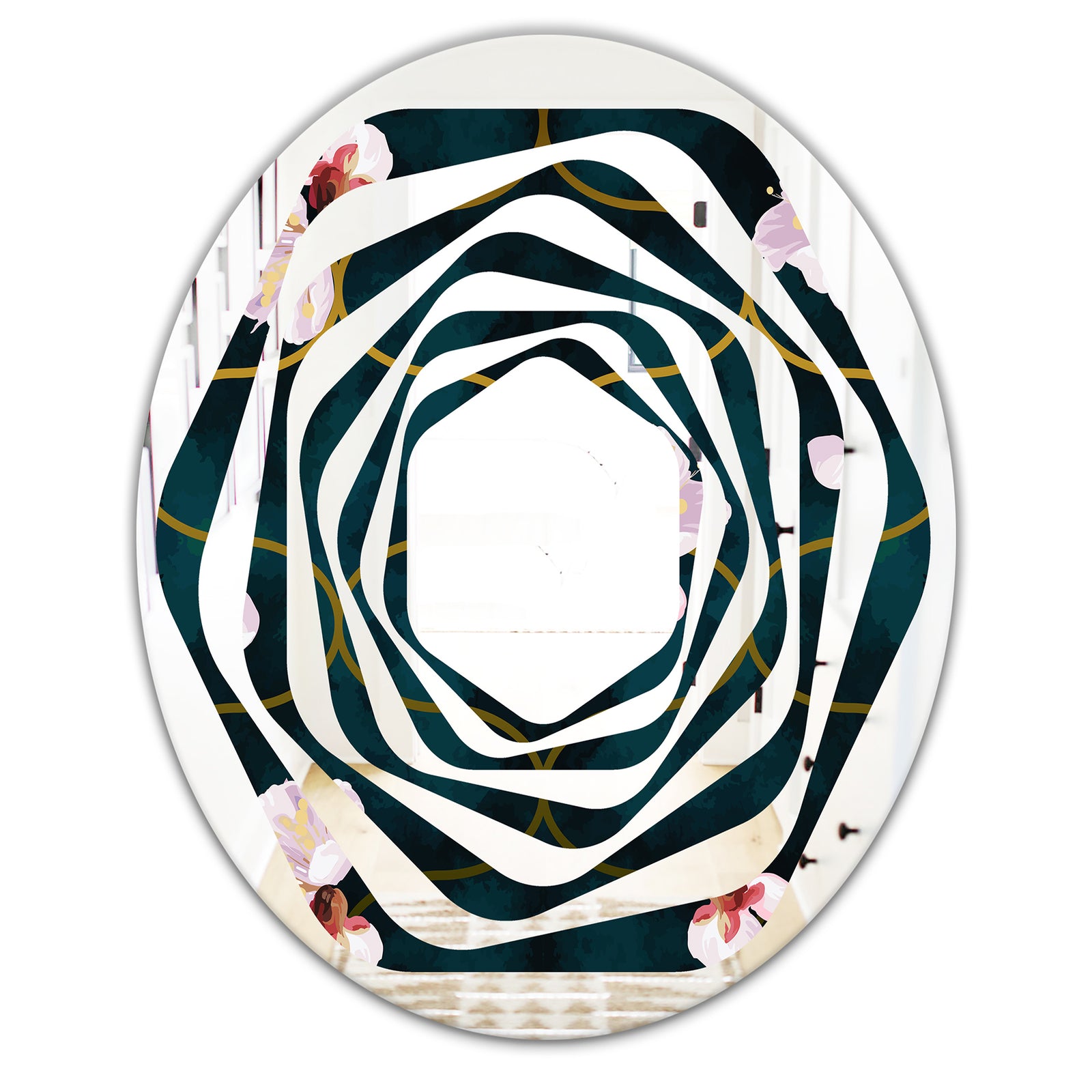 Retro Pink Flower Pattern II - Cottage Round or Oval Wall Mirror - Whirl