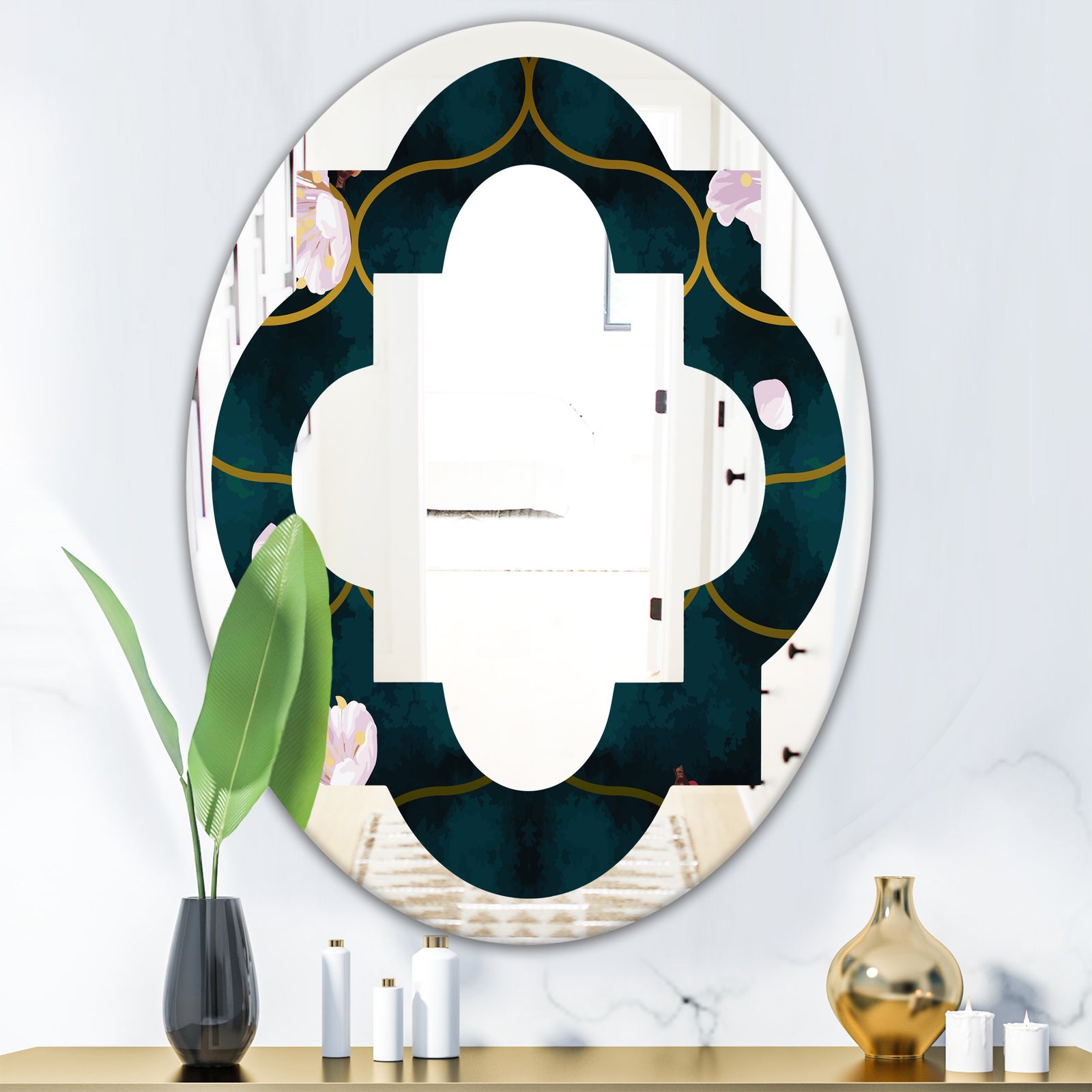 Retro Pink Flower Pattern II - Cottage Round or Oval Wall Mirror - Quatrefoil